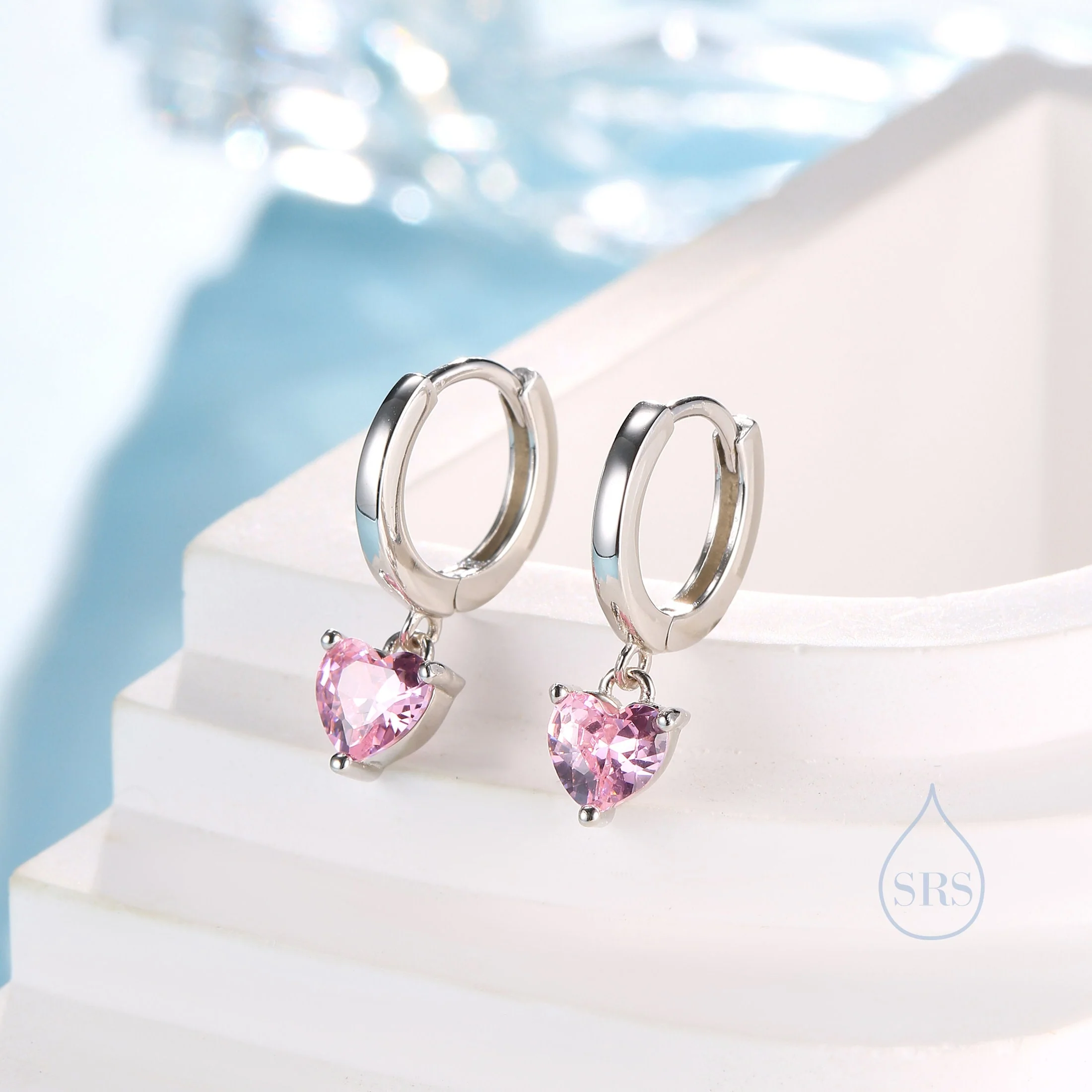 Pink Heart CZ Huggie Hoop in Sterling Silver, Silver or Gold, 8mm Inner Diameter, Stacking Earrings, October Birthstone - Image 2
