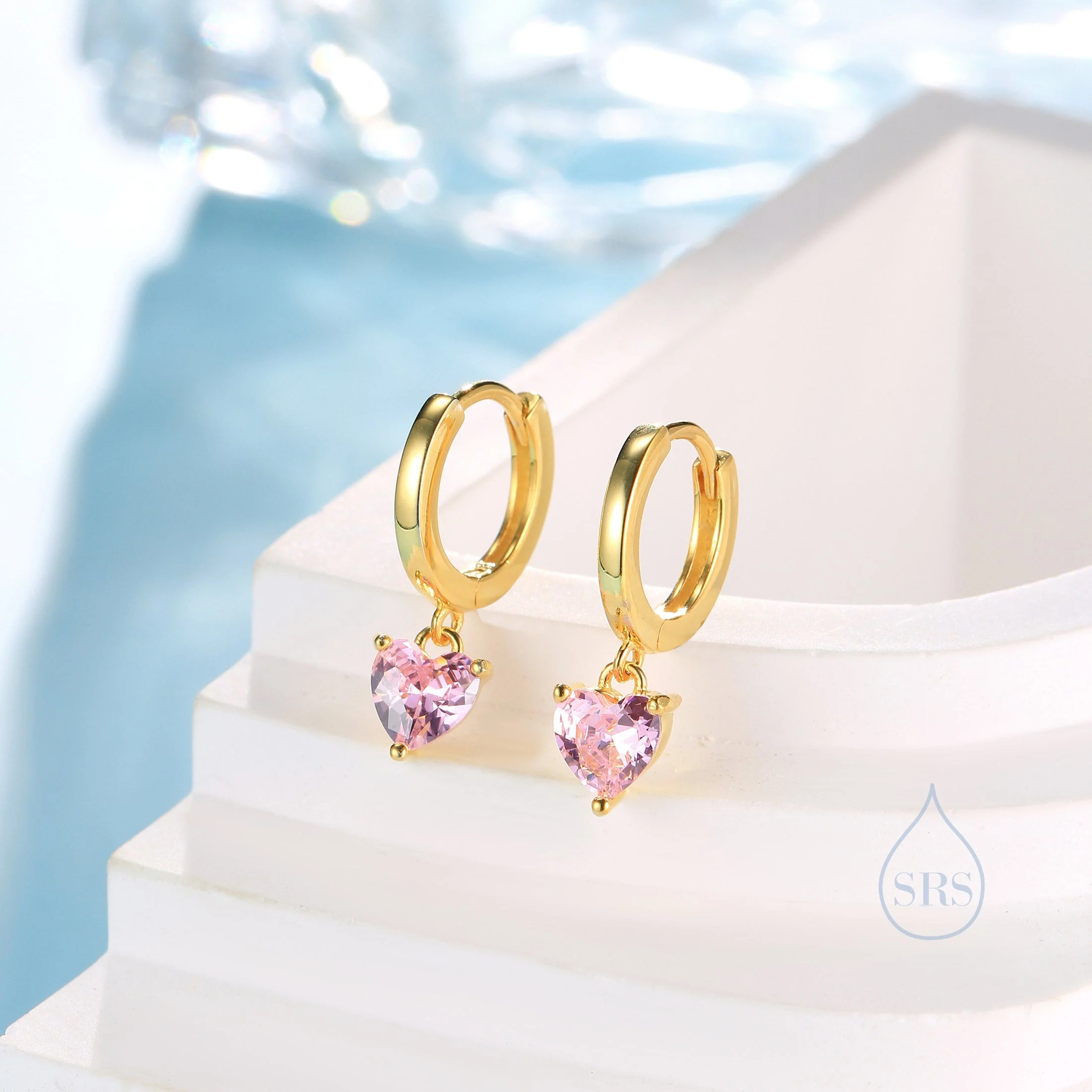 Pink Heart CZ Huggie Hoop in Sterling Silver, Silver or Gold, 8mm Inner Diameter, Stacking Earrings, October Birthstone - Image 3