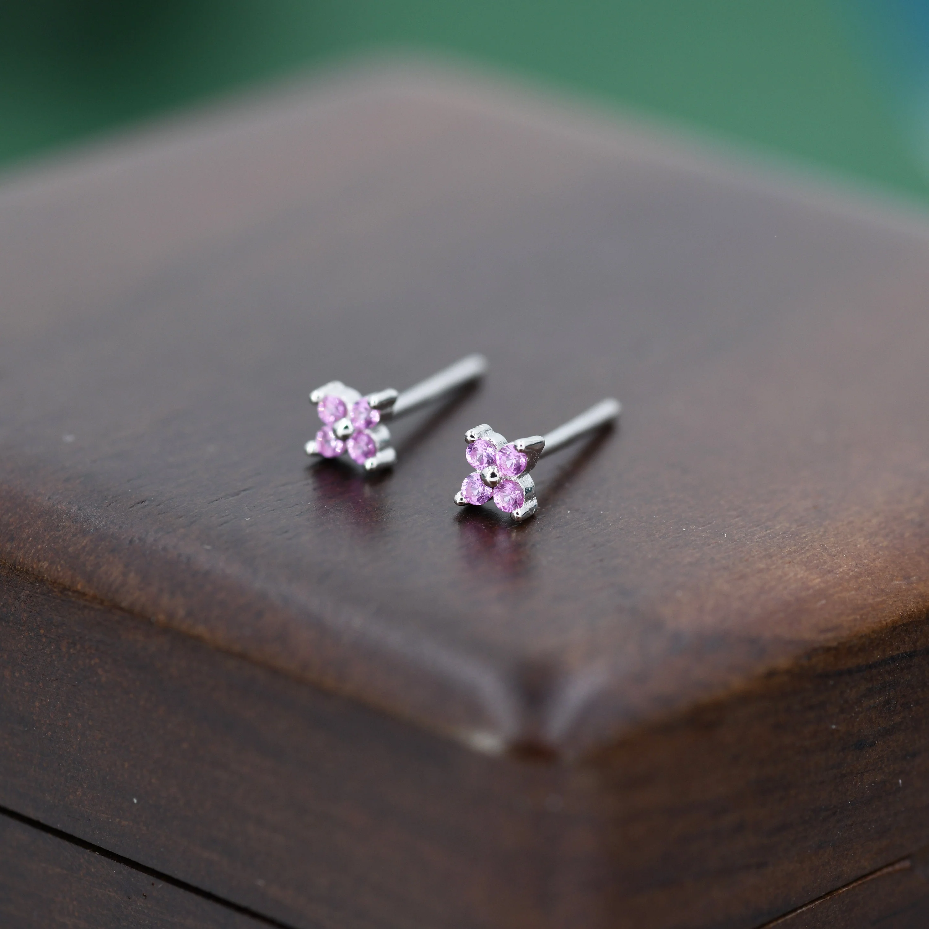 Pink Hydrangea Tiny Stud Earrings in Sterling Silver - 3mm Flower Stud, Pink Flower CZ Stud - Image 4