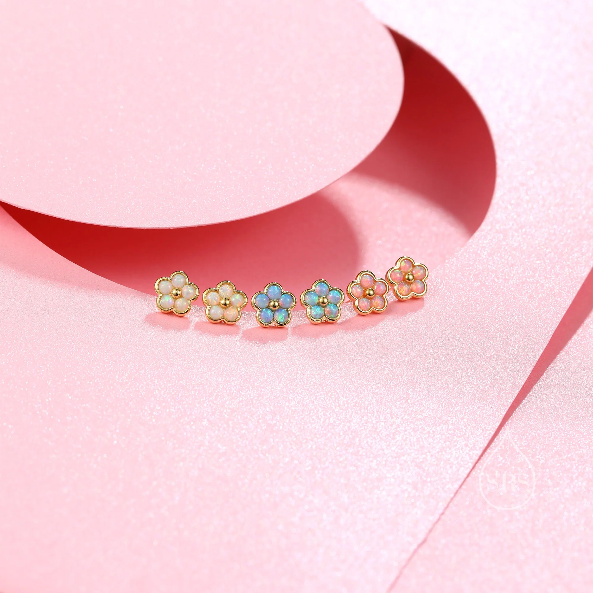 Pink Opal Flower Stud Earrings in Sterling Silver - Gold or Silver - Opal Forget-me-not - Opal Cluster - Petite Stud Earrings, Fire Opal - Image 7