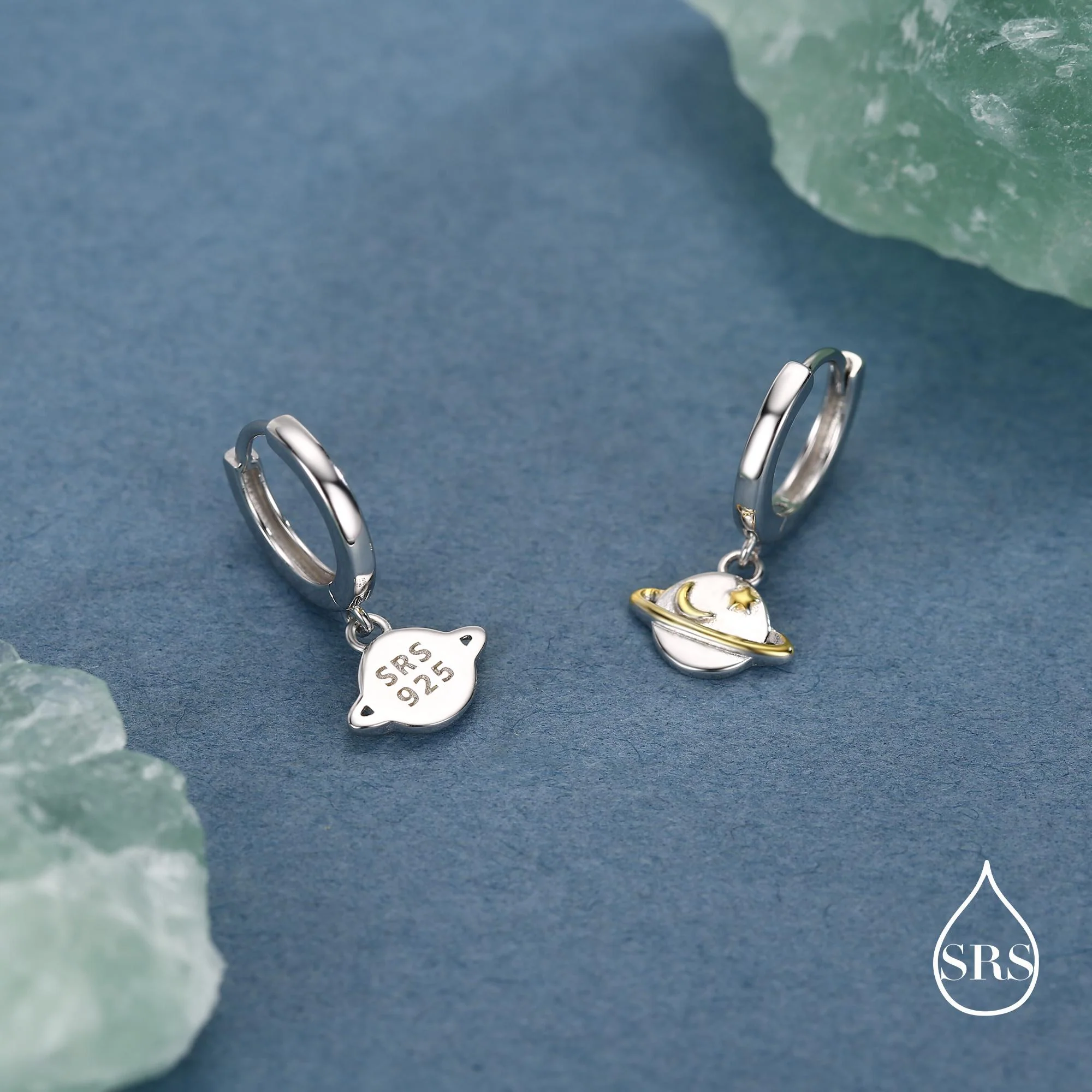 Planet and Gold Star Huggie Hoop Earrings in Sterling Silver, Saturn Dangle Hoop Earrings - Image 3