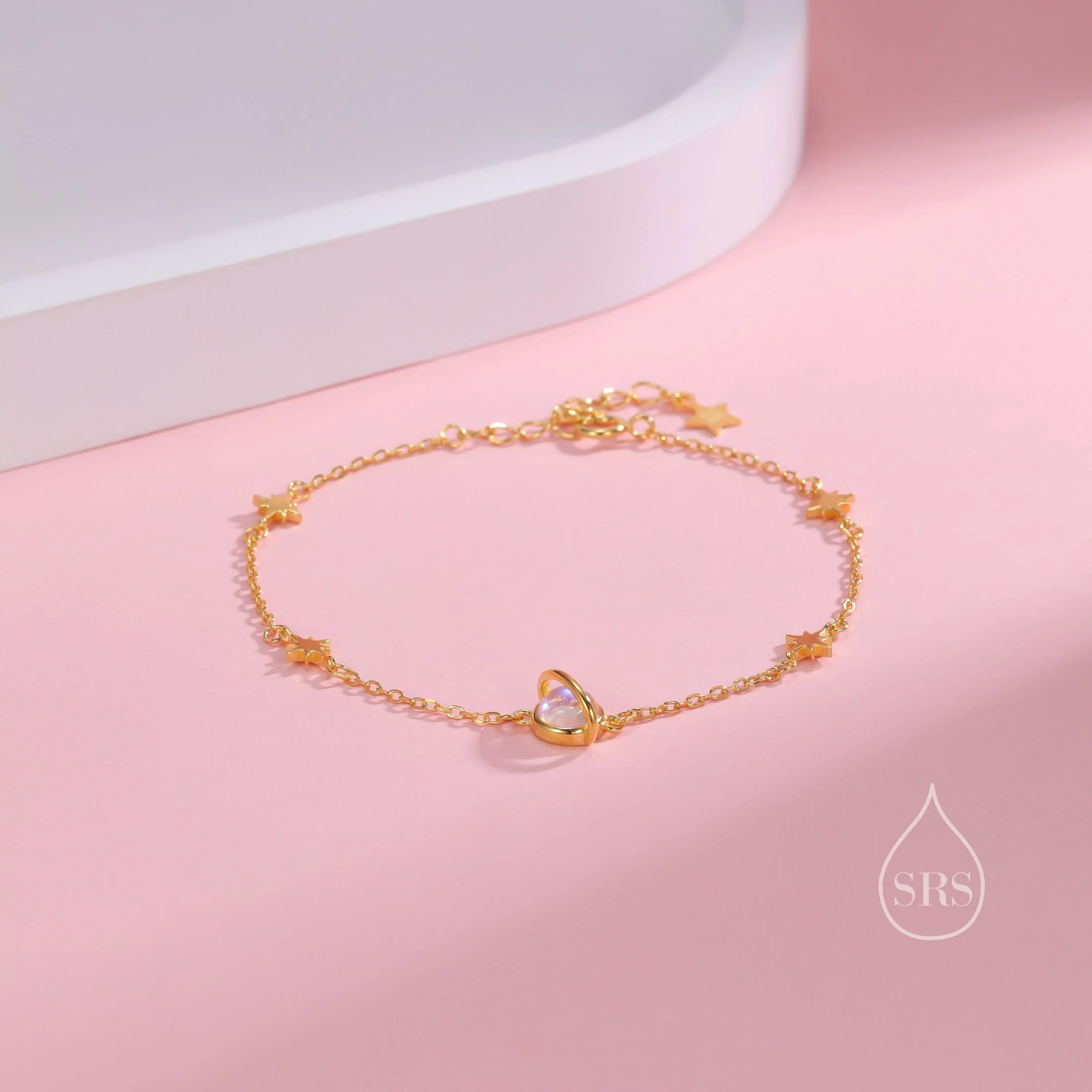 Planet and Starburst Bracelet in Sterling Silver, Silver or Gold, Moonstone or Opal, Saturn and Star Bracelet, Planet Bracelet - Image 8