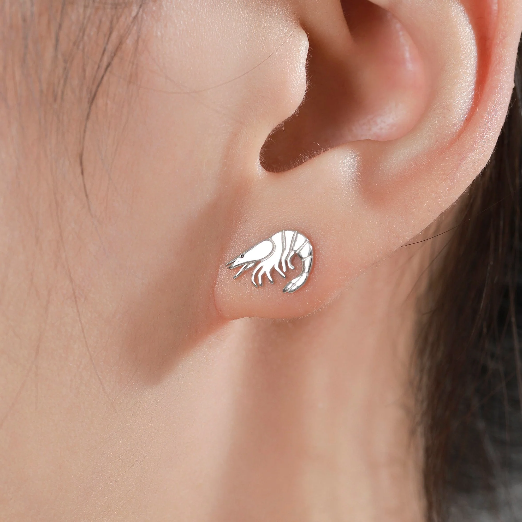 Prawn Stud Earrings in Sterling Silver, Silver or Gold or Rose Gold, Shrimp Stud Earrings, Fish Earrings, Ocean Animal Earrings - Image 3