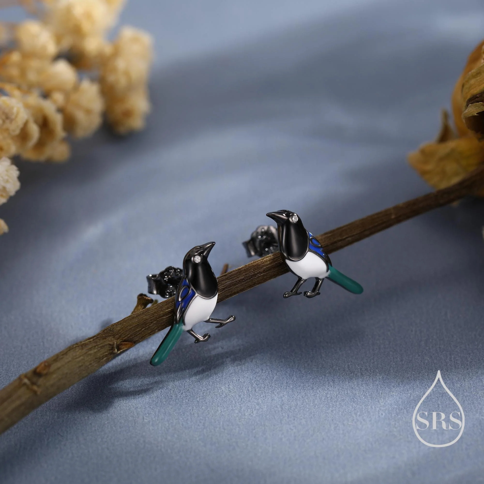 Tiny Sterling Silver Magpie Bird Stud Earrings, Enamel Coated Magpie Bird Earrings, Nature Inspired Animal Earrings, Magpie Stud - Image 3