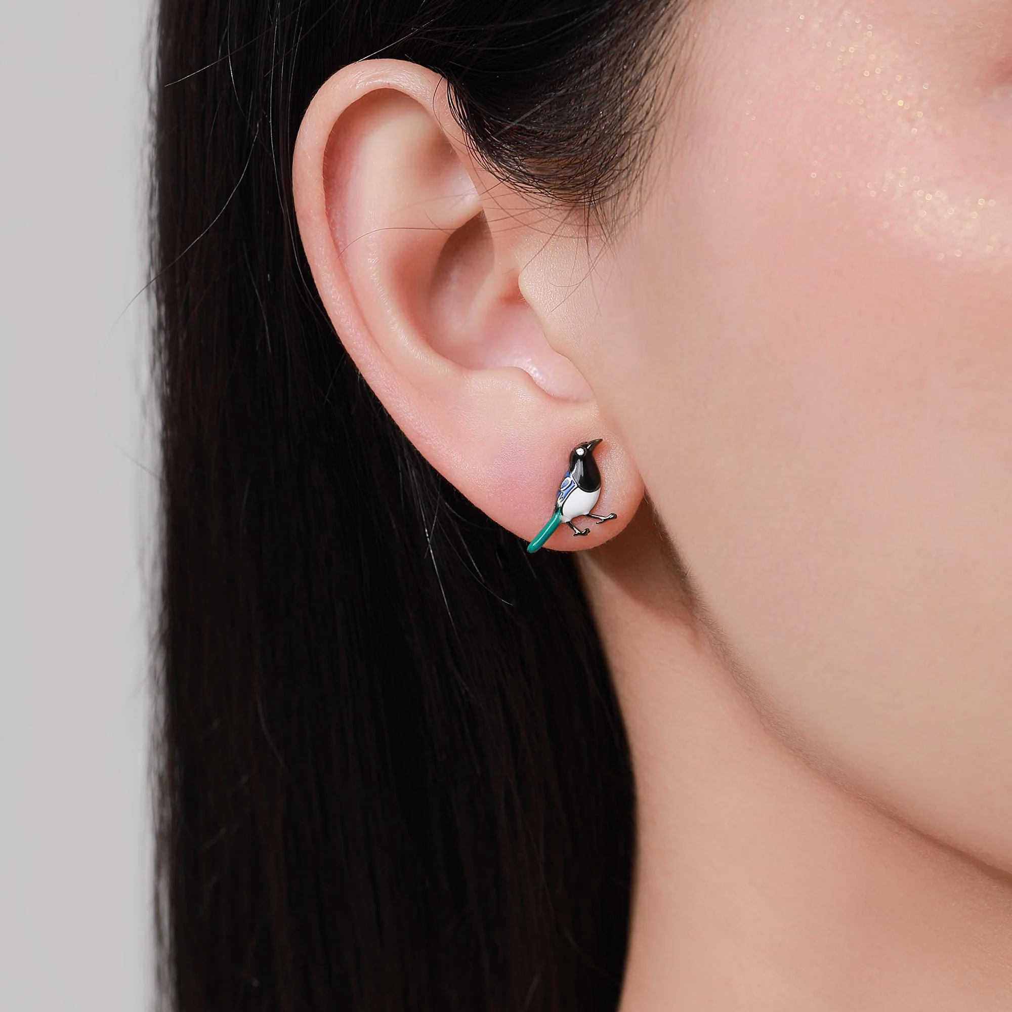 Tiny Sterling Silver Magpie Bird Stud Earrings, Enamel Coated Magpie Bird Earrings, Nature Inspired Animal Earrings, Magpie Stud - Image 7