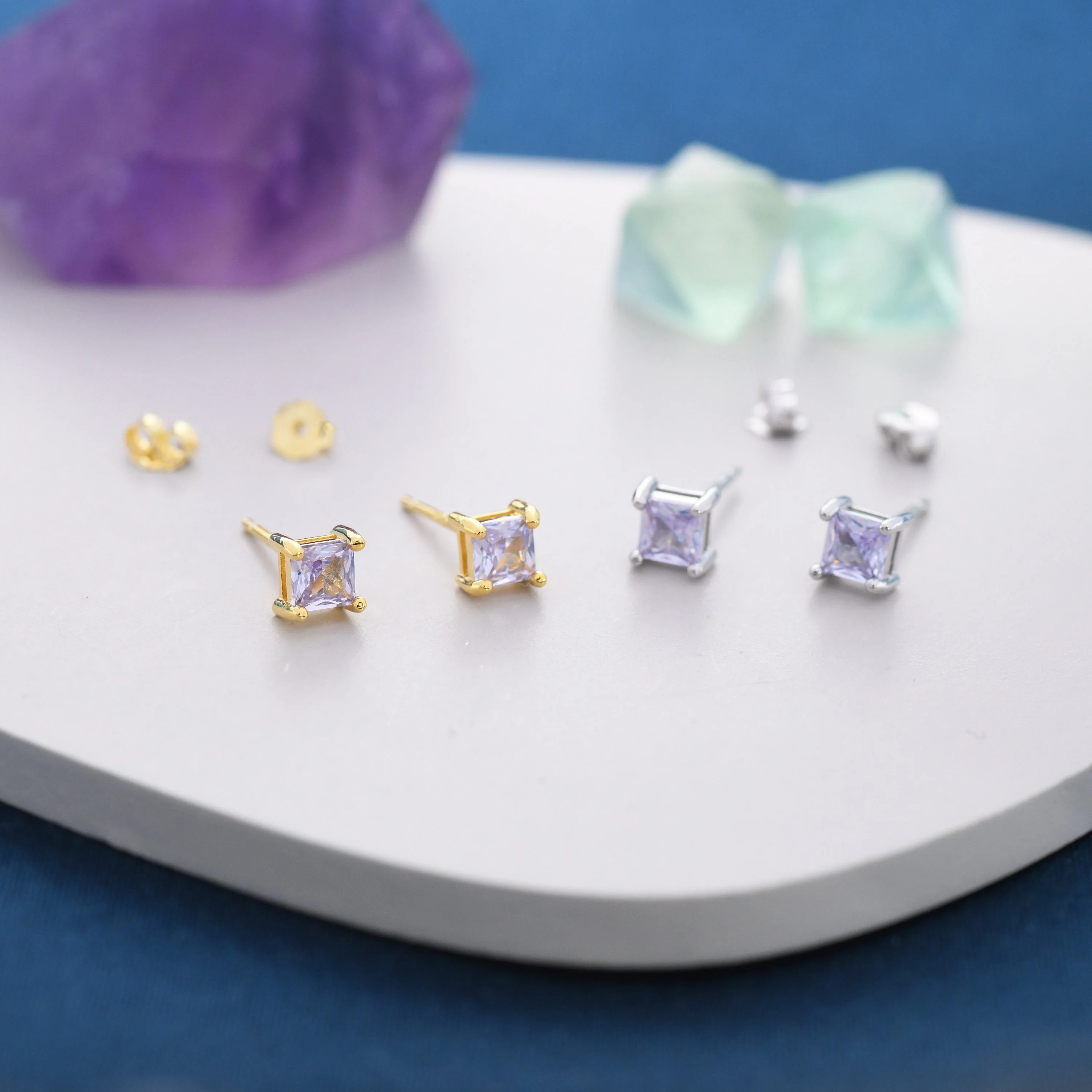 Princess Cut Alexandrite CZ Stud Earrings in Sterling Silver, Square Cut Crystal Earrings, Lilac Purple CZ, June Birthstone - Image 2