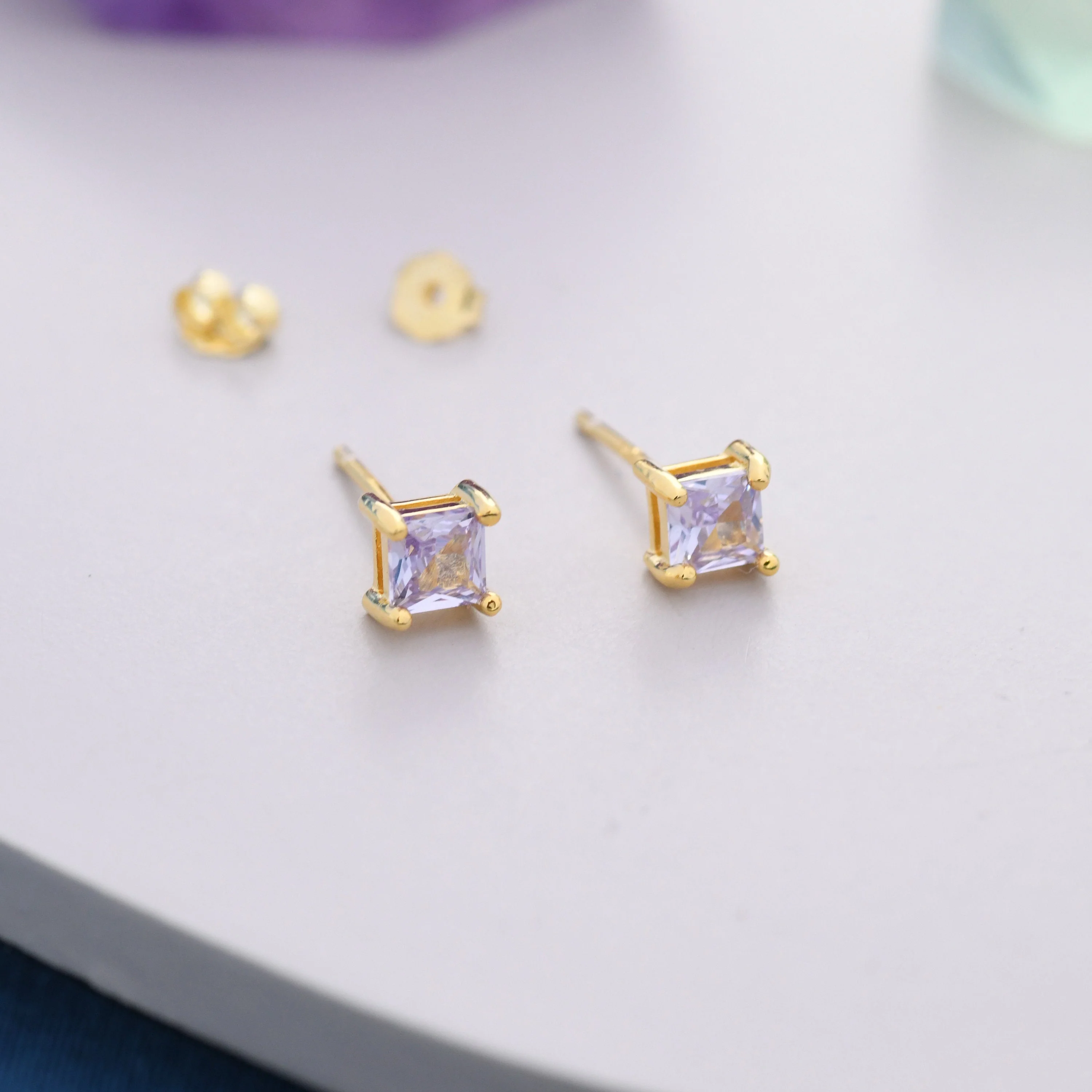 Princess Cut Alexandrite CZ Stud Earrings in Sterling Silver, Square Cut Crystal Earrings, Lilac Purple CZ, June Birthstone - Image 3