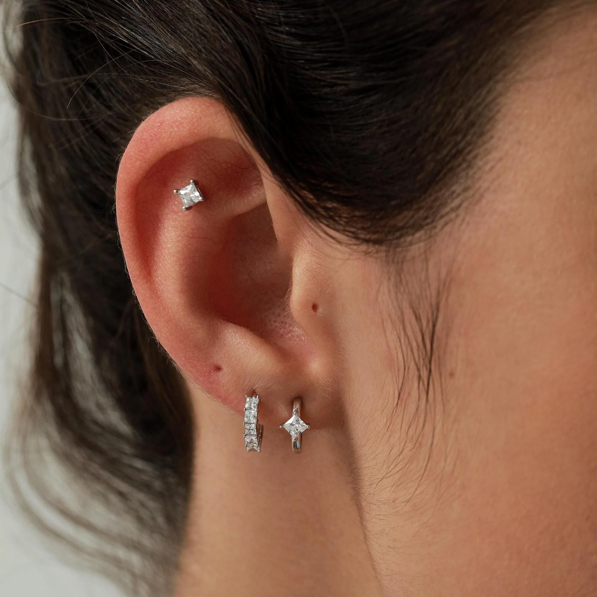 Princess Cut CZ Huggie Hoop in Sterling Silver, Silver or Gold, Minimalist Simple Hoop Earrings - Image 2