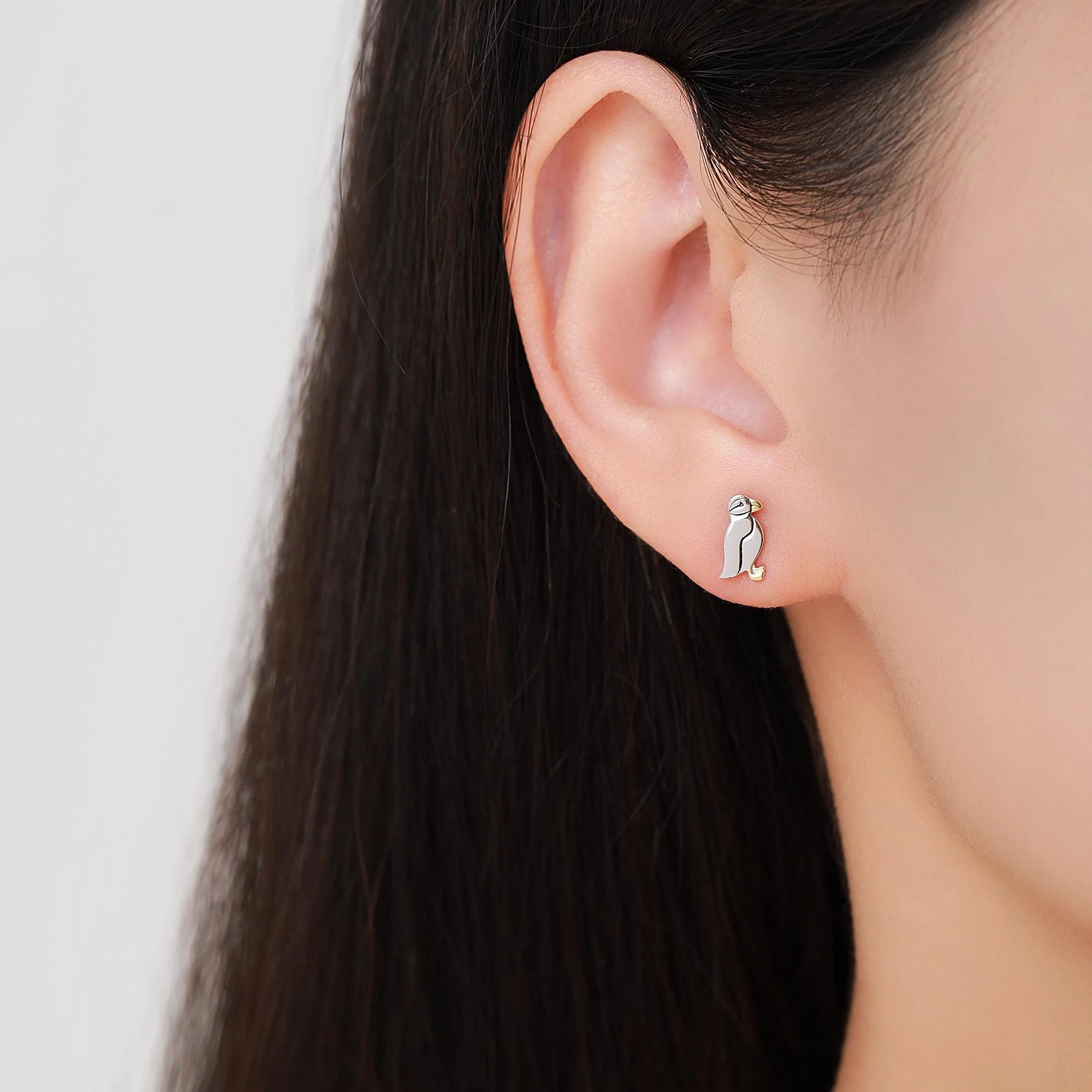 Puffin Bird Stud Earrings in Sterling Silver - Gold and Silver Two Tone - Cute, Fun, Whimsical and Pretty Jewellery - Image 4