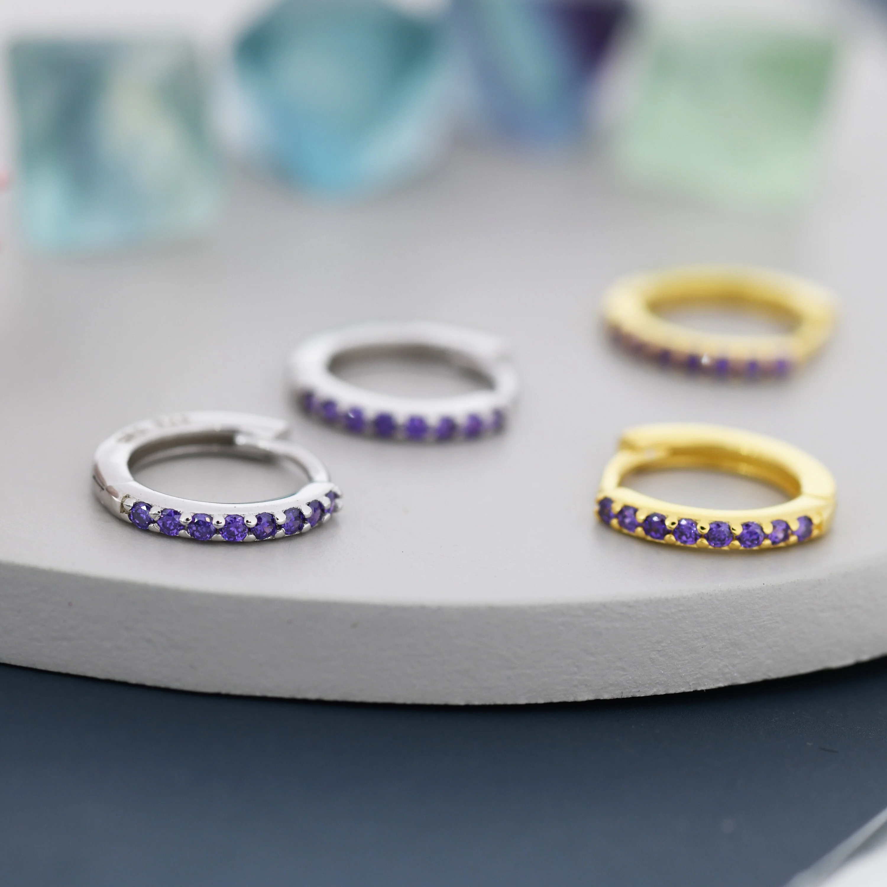 Purple Amethyst CZ Skinny Huggie Hoop in Sterling Silver, Silver or Gold, 8mm Inner Diameter Hoop Earrings, February Birthstone - Image 2