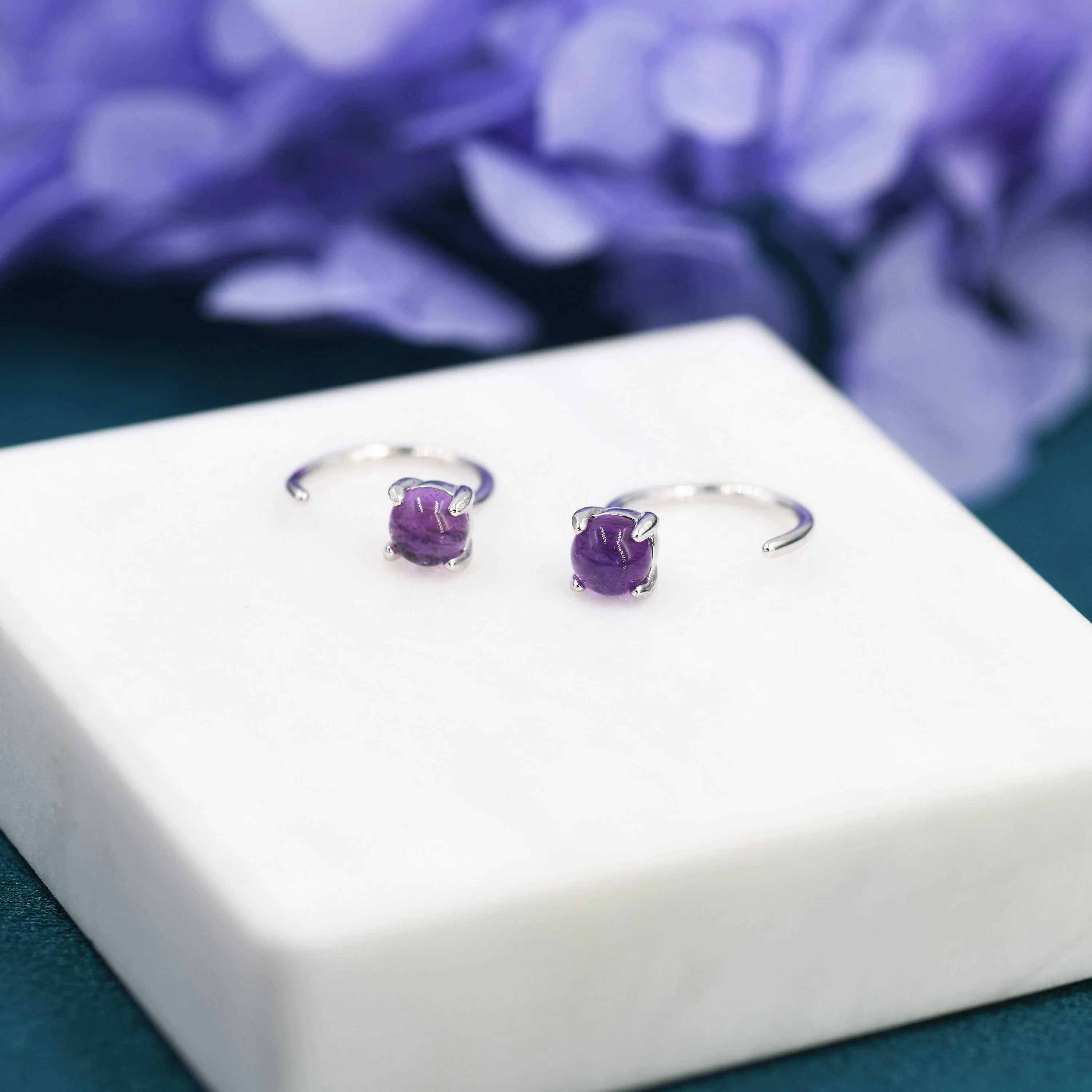Purple Amethyst Huggie Hoop Earrings in Sterling Silver, 4mm Genuine Amethyst Open Hoops, Pull Through Threaders, Half Hoops, C Shape Hoops - Image 6
