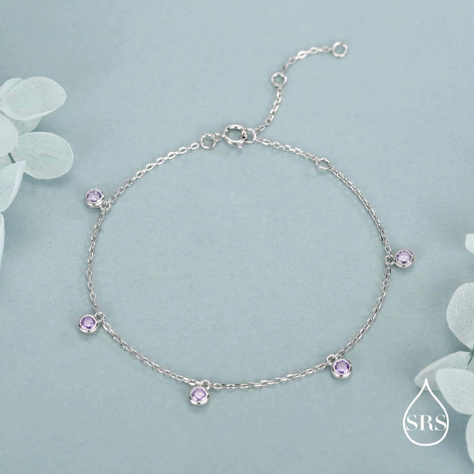 Sterling Silver Lilac Purple CZ Station Chain Bracelet - Image 2
