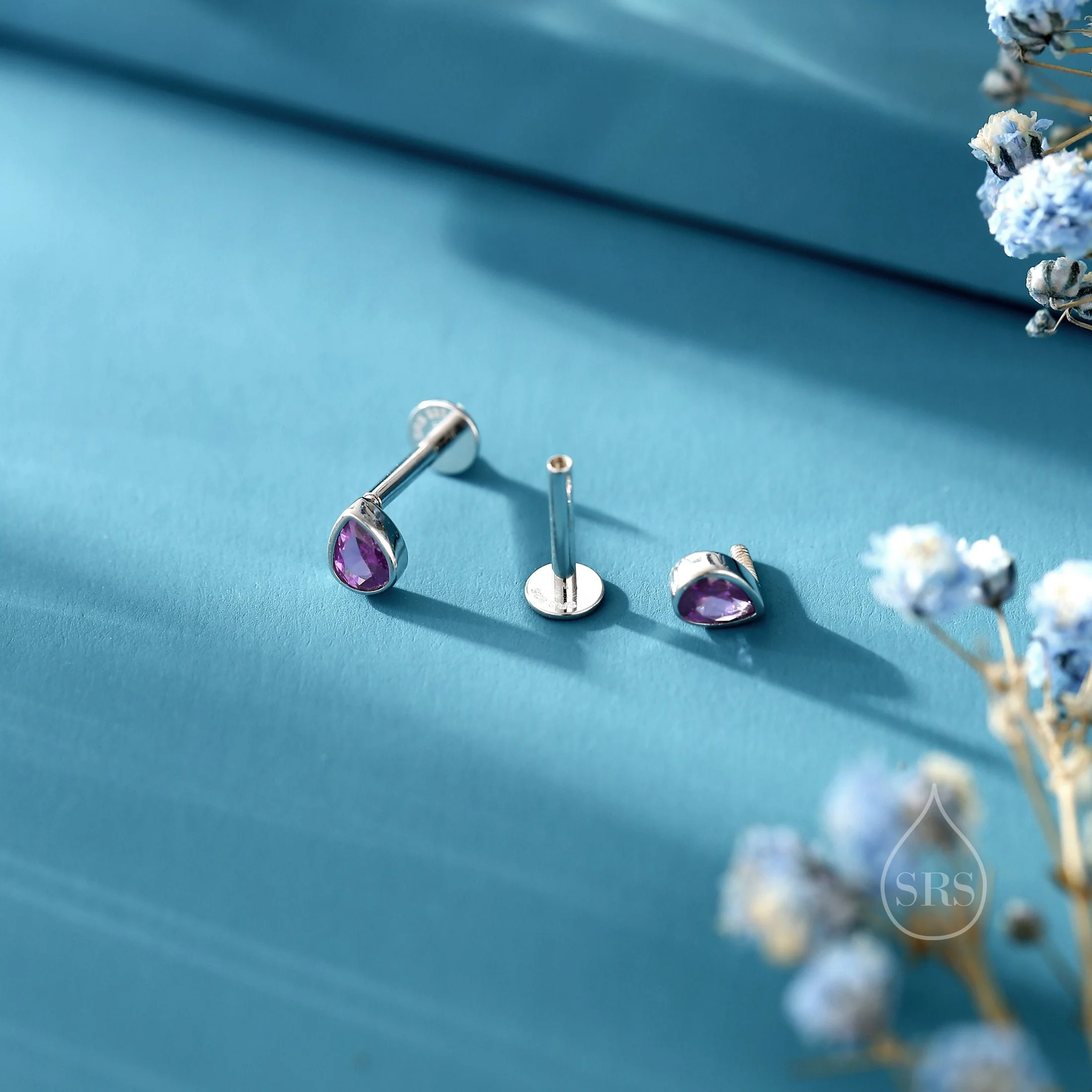 Purple CZ Droplet Internally Threaded Flat Back/ Screw Back / Stud Earrings in Sterling Silver, Silver or Gold or Rose Gold, - Image 3