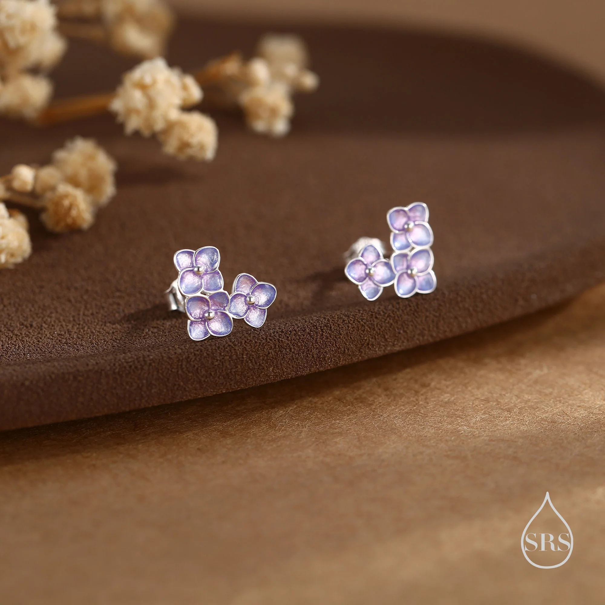 Purple Enamel Hydrangea Flower Bouquet Stud Earrings in Sterling Silver, Enamel Flower Earrings - Image 2