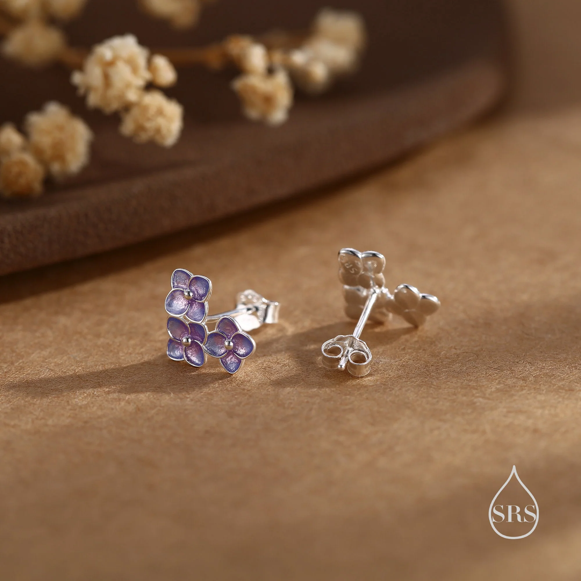 Purple Enamel Hydrangea Flower Bouquet Stud Earrings in Sterling Silver, Enamel Flower Earrings - Image 3