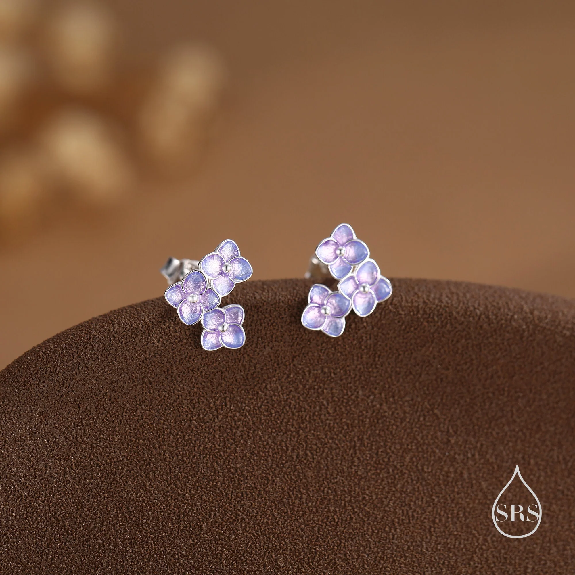 Purple Enamel Hydrangea Flower Bouquet Stud Earrings in Sterling Silver, Enamel Flower Earrings - Image 5