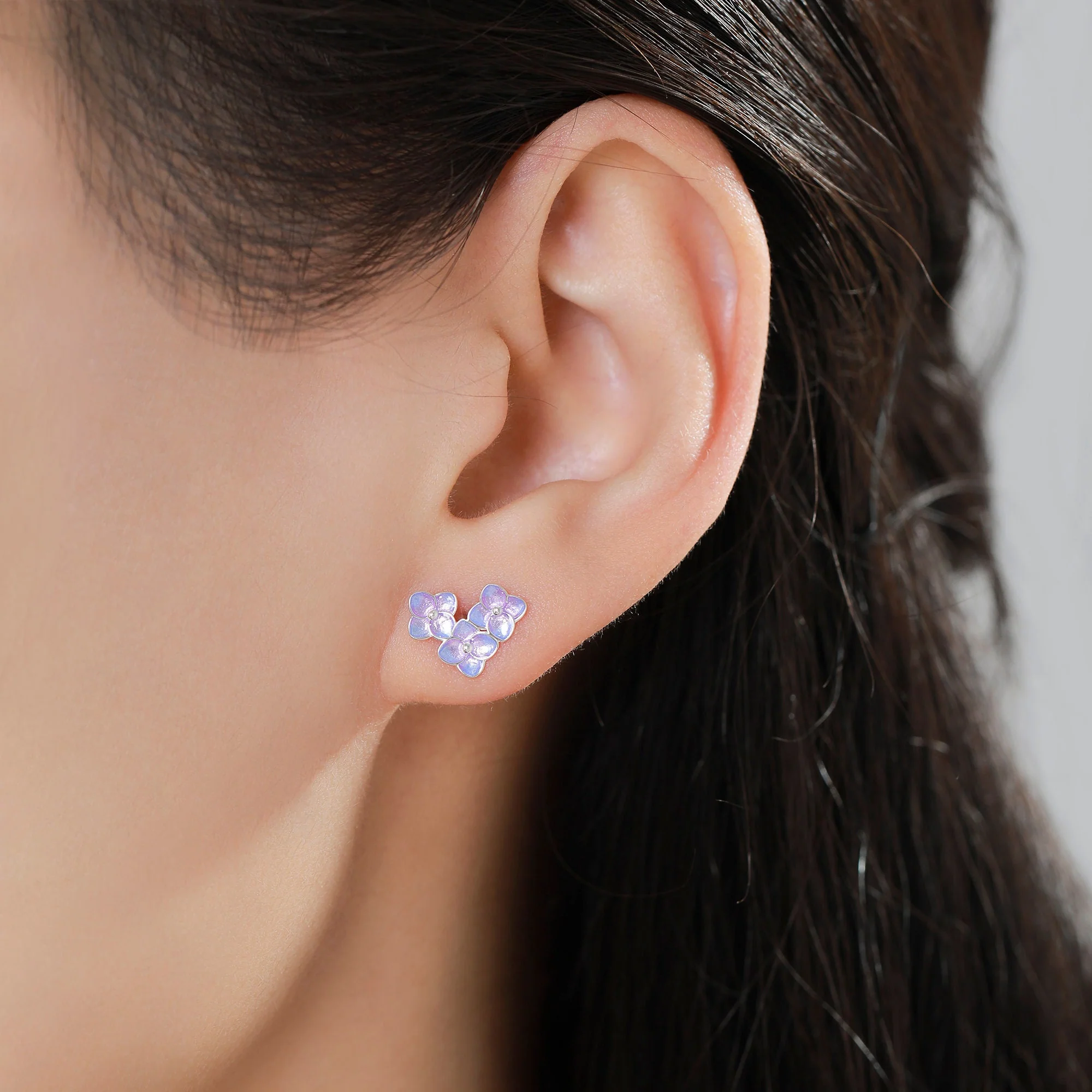 Purple Enamel Hydrangea Flower Bouquet Stud Earrings in Sterling Silver, Enamel Flower Earrings - Image 6