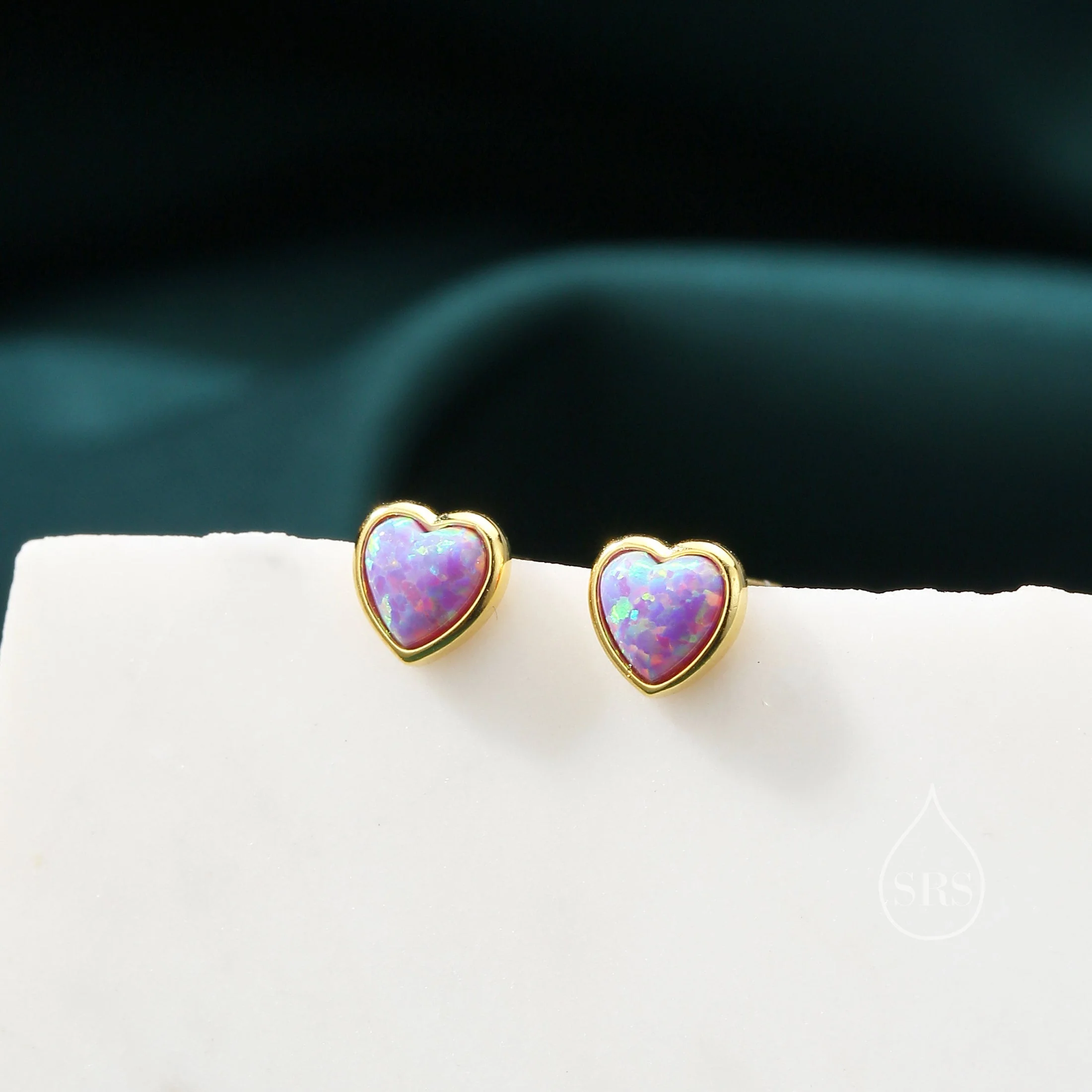 Purple Opal Heart Stud Earrings in Sterling Silver, Opal Heart Earrings, Silver or Gold,  Heart Earrings, Aqua Blue Opal Earrings - Image 3