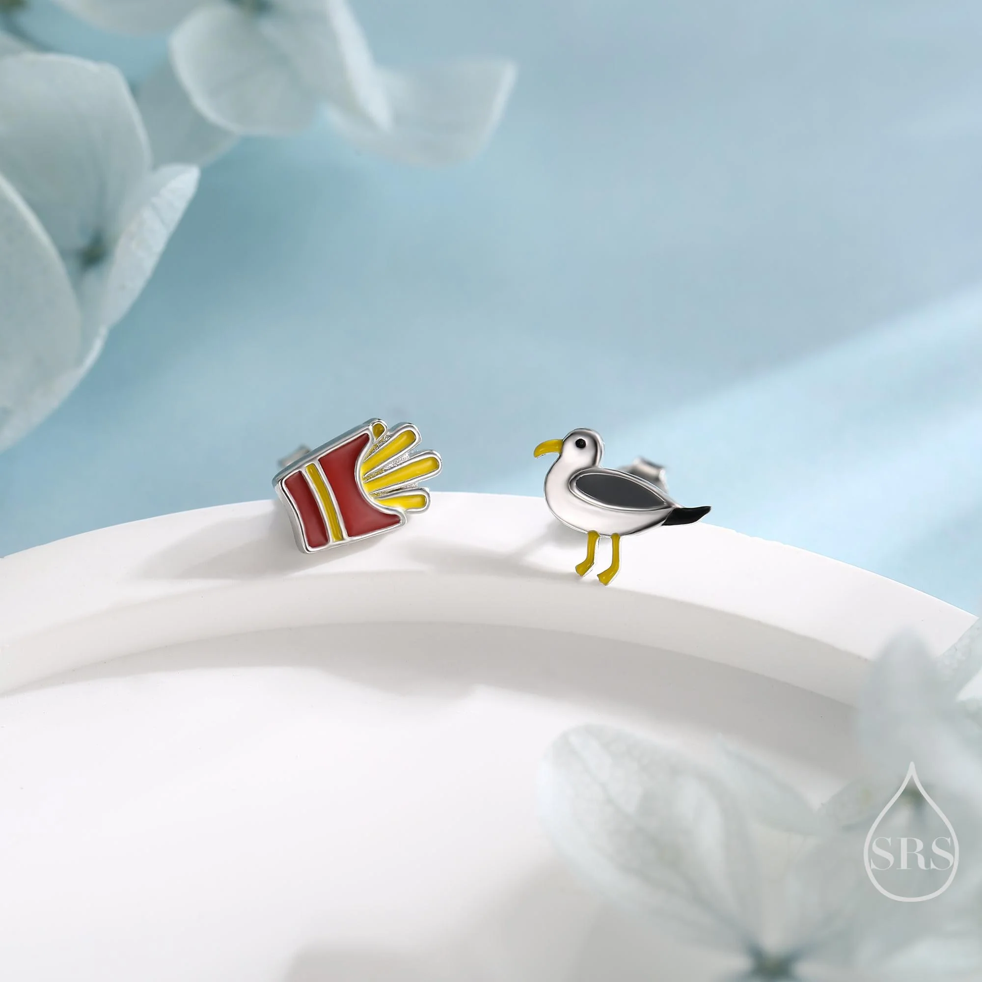 Quirky Mismatched Seagull and French Fries Stud Earrings in Sterling Silver, Enamel Coated Chips and Seagull Earrings, Bird Earrings - Image 3