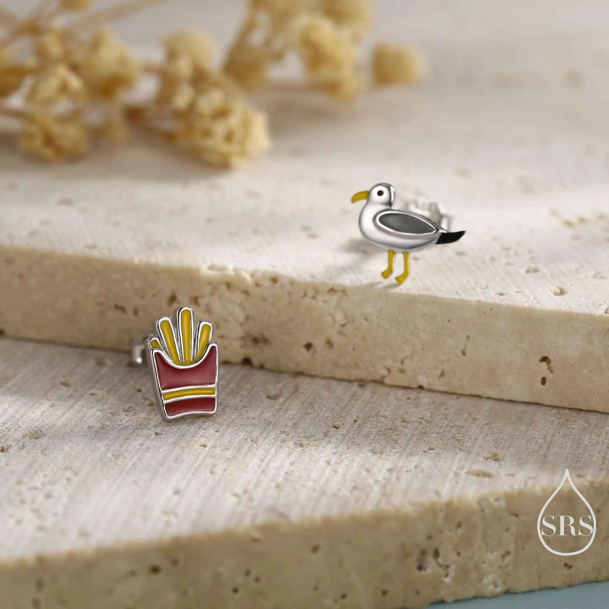 Quirky Mismatched Seagull and French Fries Stud Earrings in Sterling Silver, Enamel Coated Chips and Seagull Earrings, Bird Earrings - Image 4