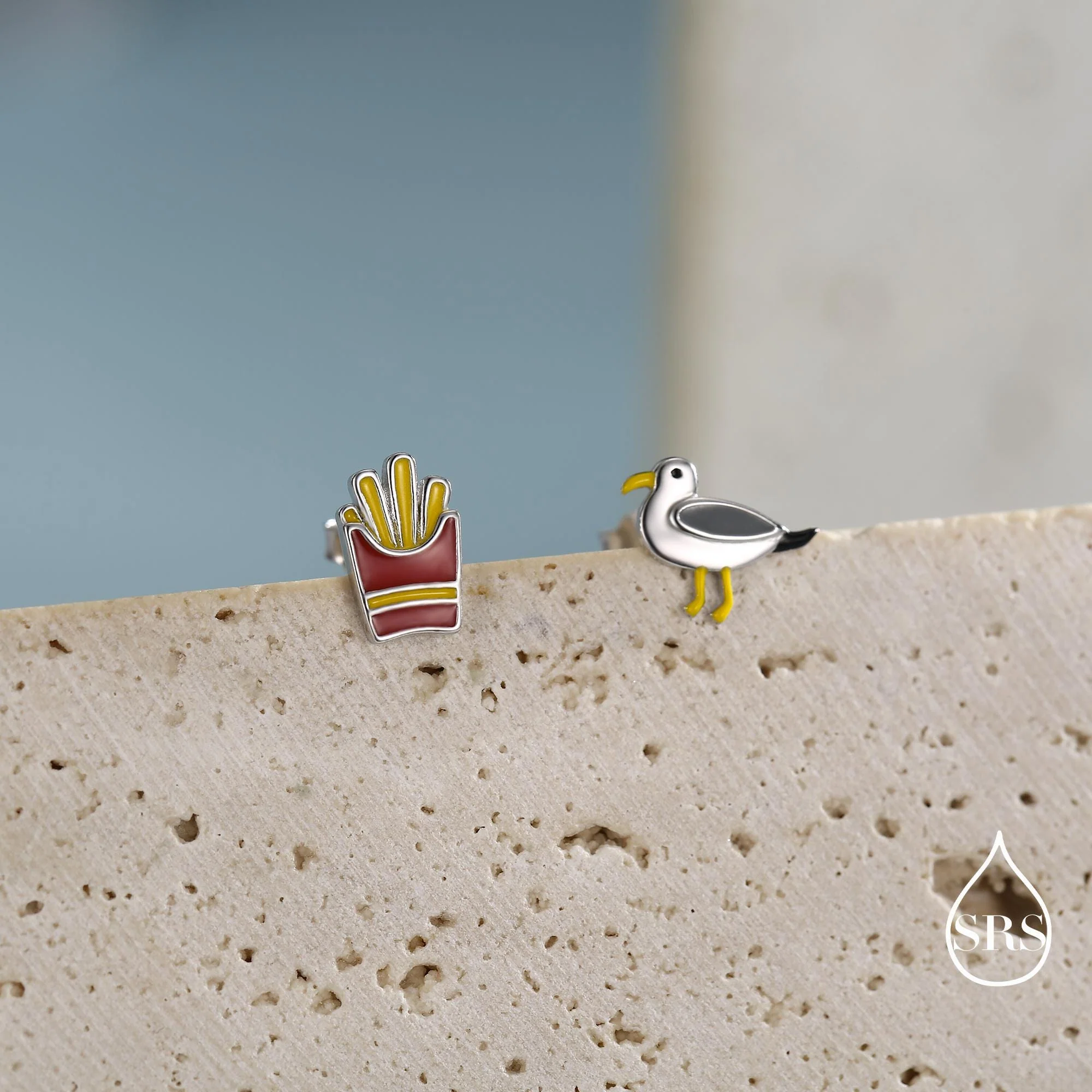 Quirky Mismatched Seagull and French Fries Stud Earrings in Sterling Silver, Enamel Coated Chips and Seagull Earrings, Bird Earrings - Image 5