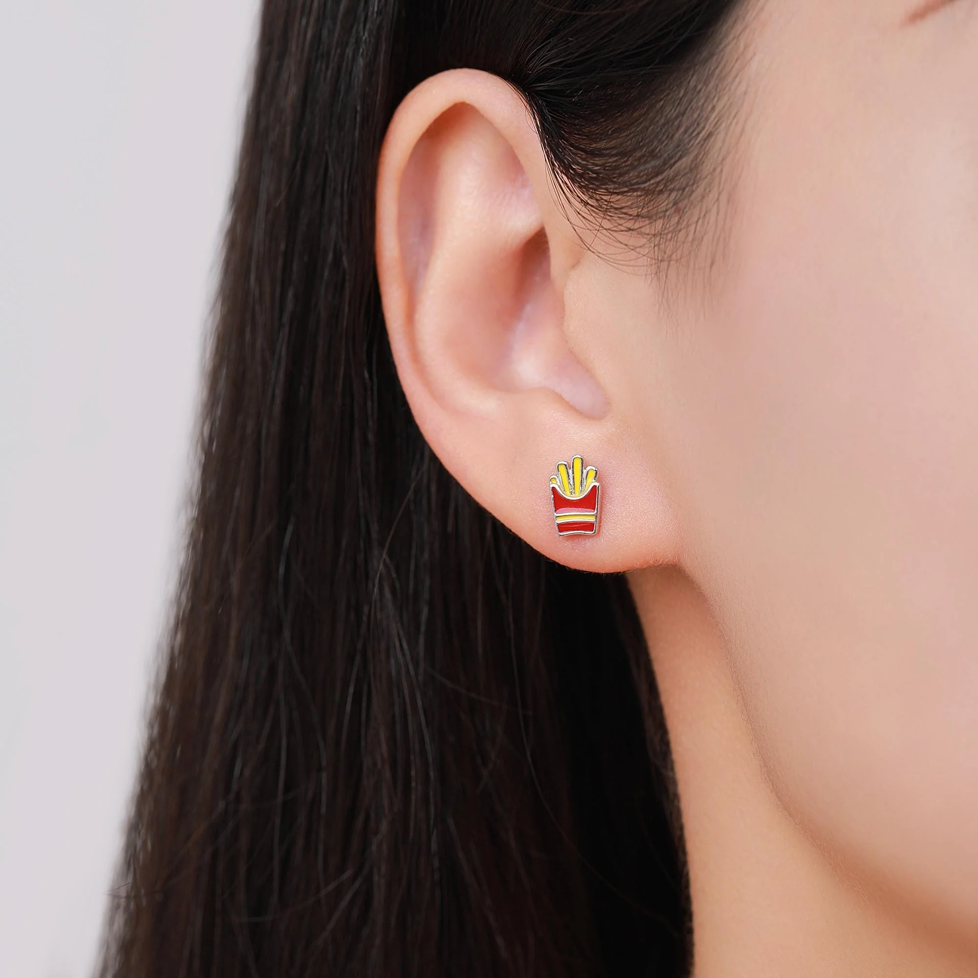 Quirky Mismatched Seagull and French Fries Stud Earrings in Sterling Silver, Enamel Coated Chips and Seagull Earrings, Bird Earrings - Image 6