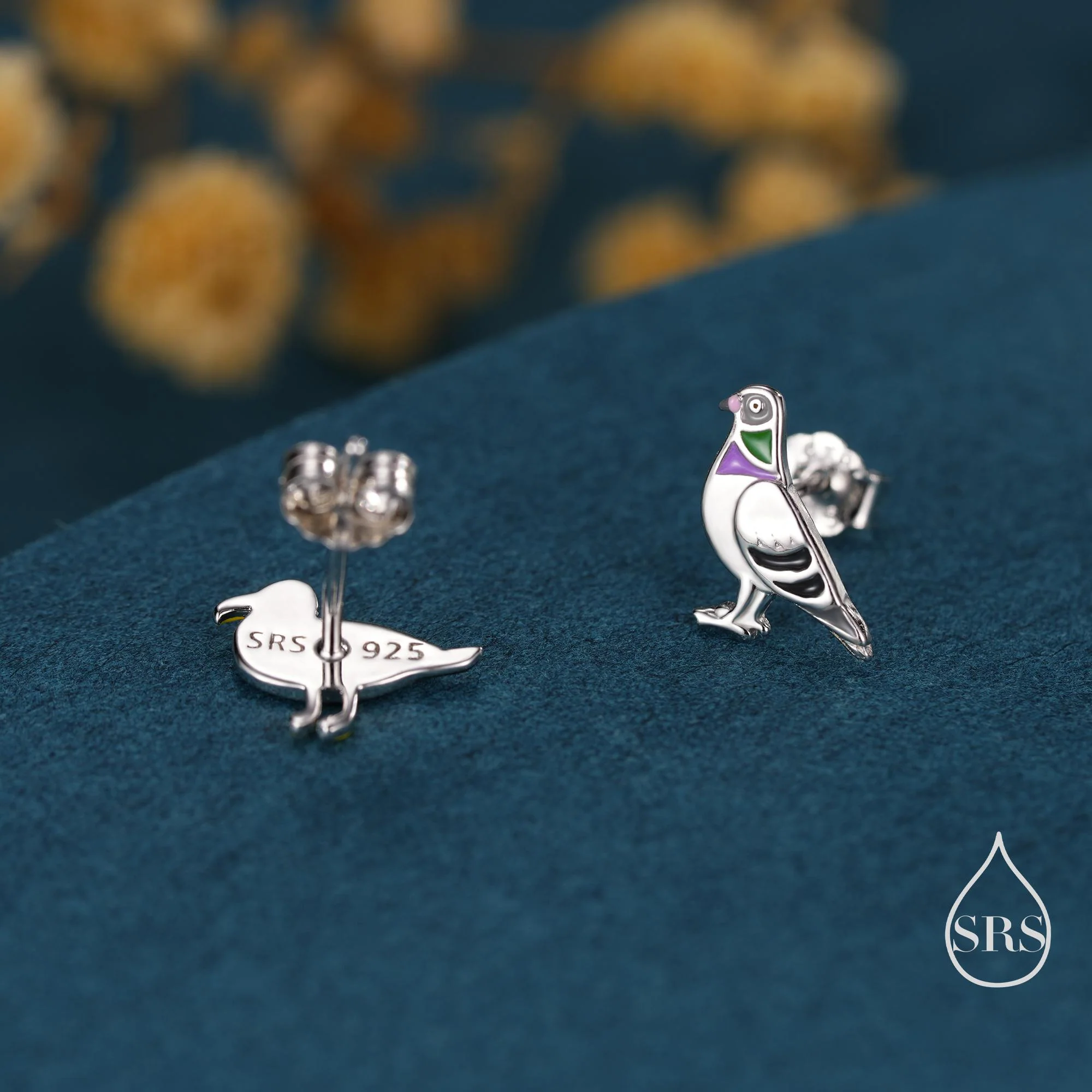 Quirky Mismatched Seagull and Pigeon Stud Earrings in Sterling Silver, Enamel Coated Pigeon Bird Earrings, Nature Inspired Animal Earrings - Image 5