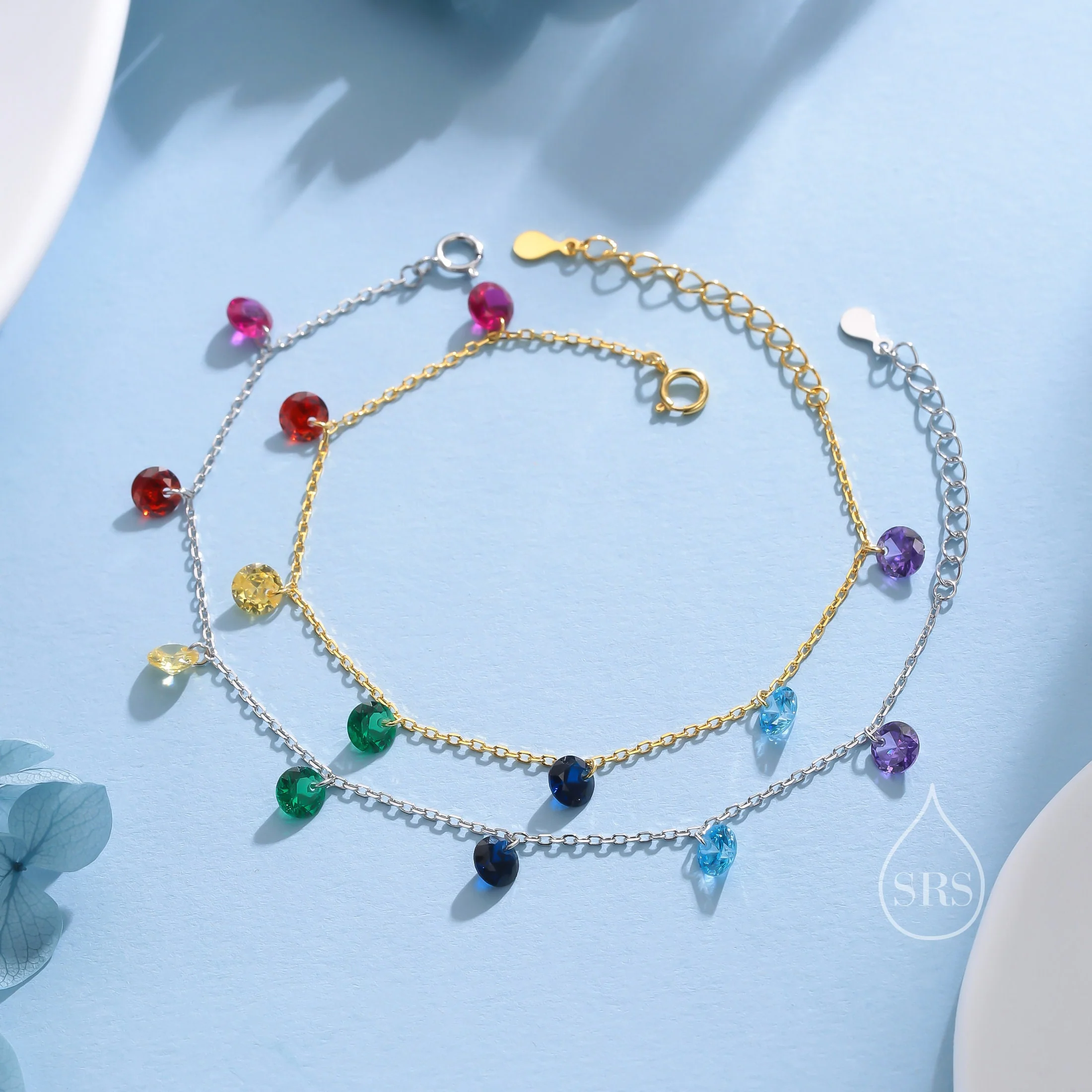 Rainbow Colour CZ Bracelet in Sterling Silver, Silver or Gold, Silver Dangle CZ Bracelet, CZ Cluster Bracelet, Crystal Charm Bracelet - Image 5