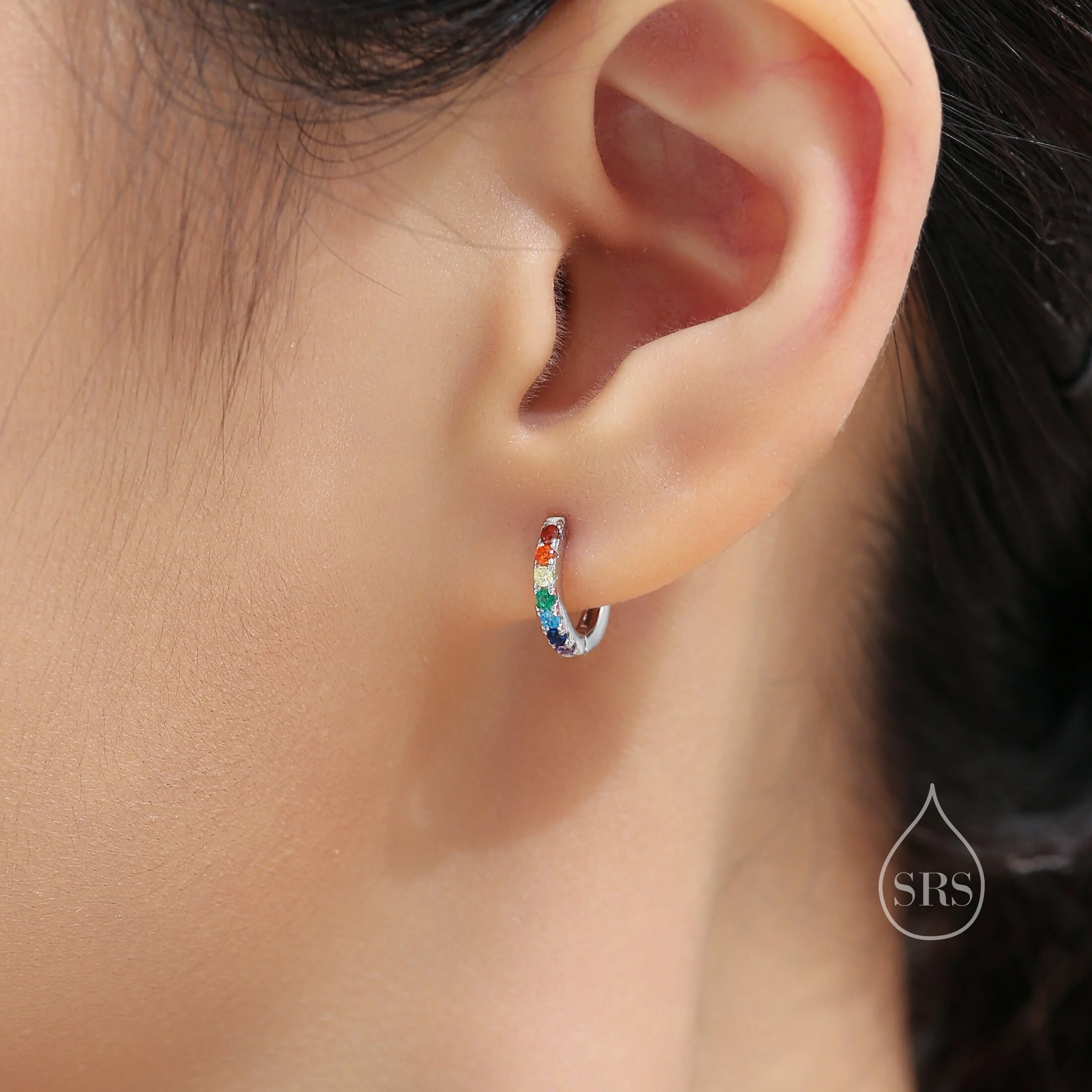 Rainbow CZ Huggie Hoops in Sterling Silver, Silver or Gold, Minimalist Hoop Earrings, 8mm Hoops, Gradient - Image 3