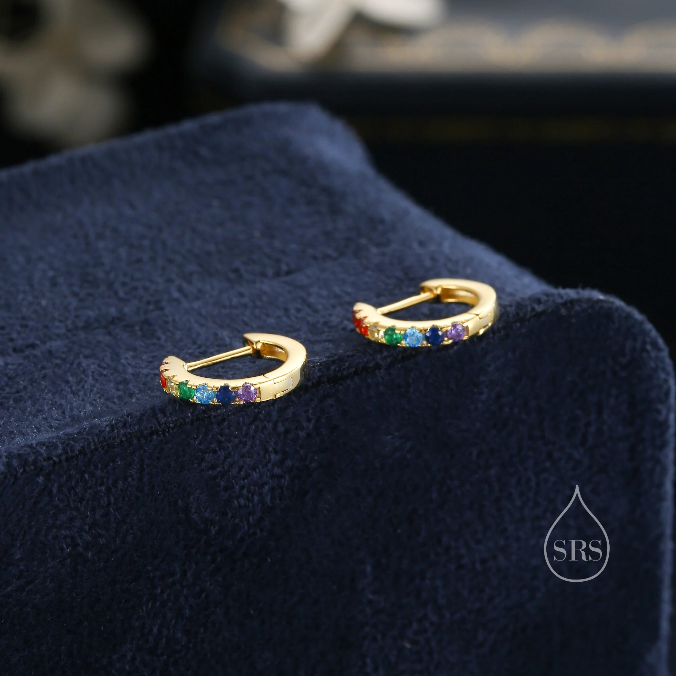Rainbow CZ Huggie Hoops in Sterling Silver, Silver or Gold, Minimalist Hoop Earrings, 8mm Hoops, Gradient - Image 4