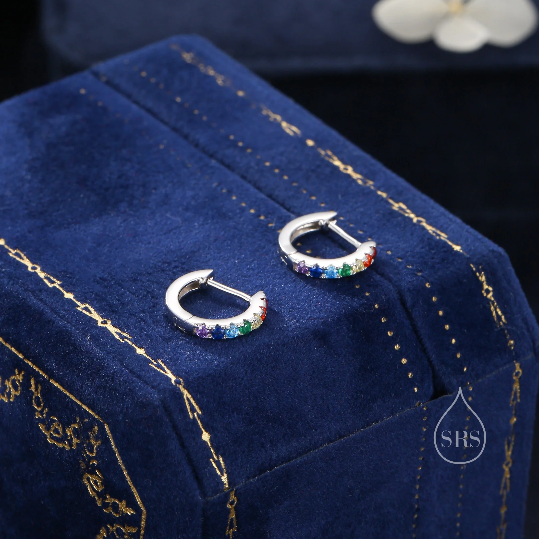 Rainbow CZ Huggie Hoops in Sterling Silver, Silver or Gold, Minimalist Hoop Earrings, 8mm Hoops, Gradient - Image 5