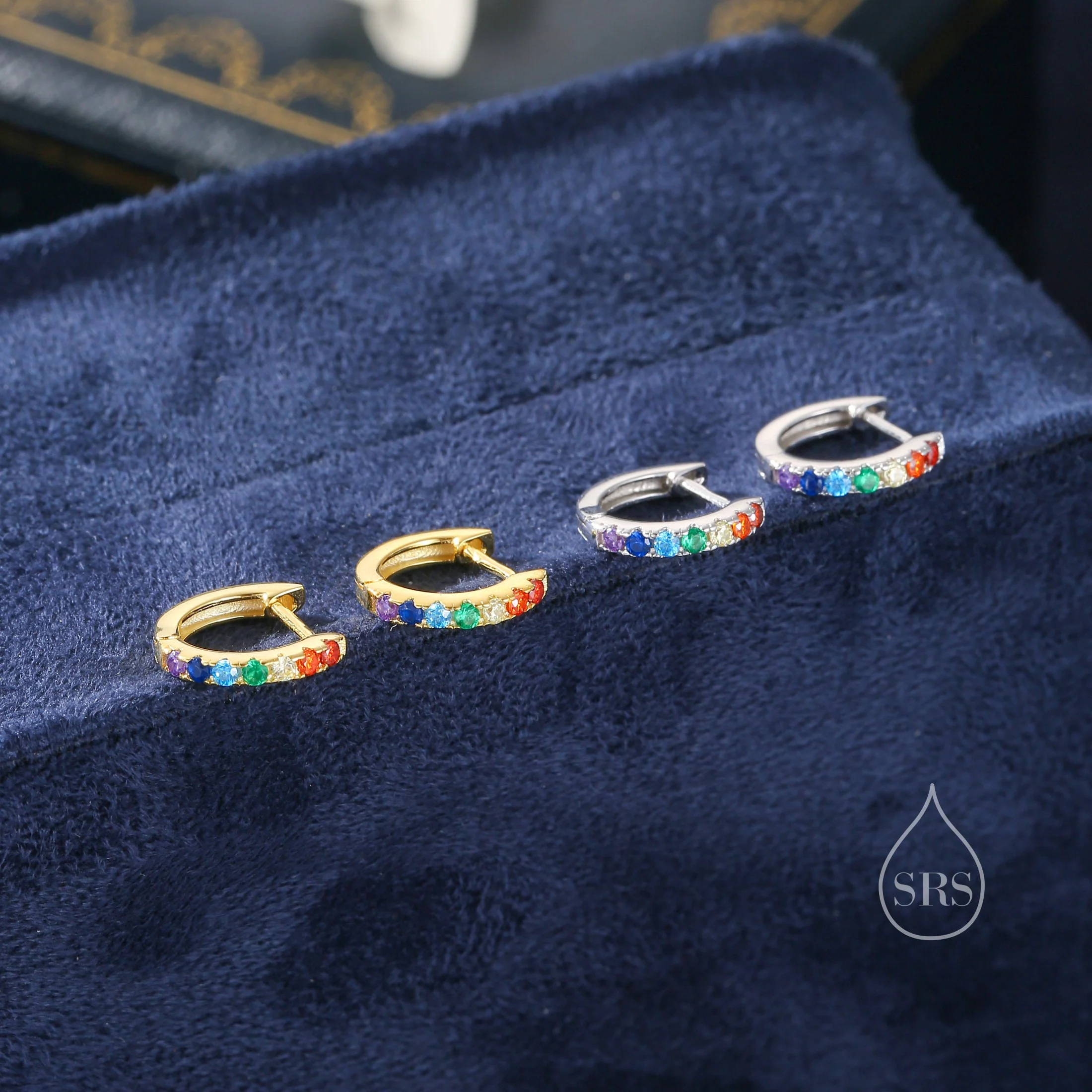 Rainbow CZ Huggie Hoops in Sterling Silver, Silver or Gold, Minimalist Hoop Earrings, 8mm Hoops, Gradient - Image 6