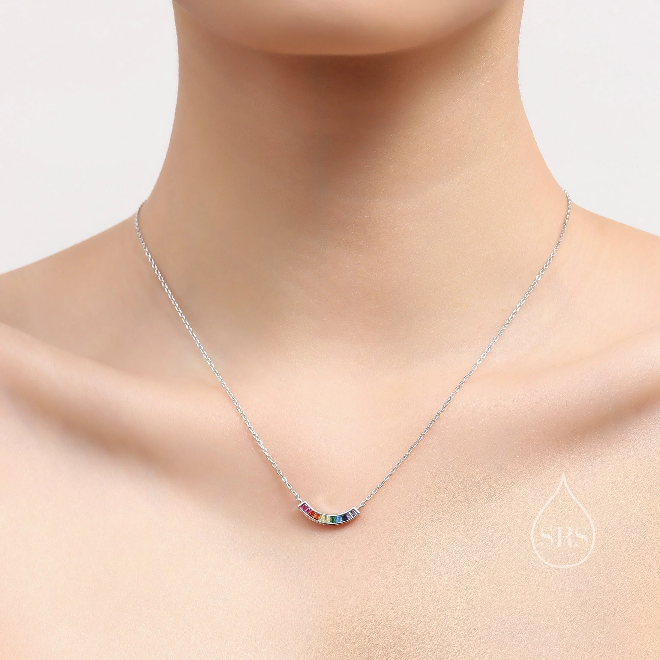Rainbow CZ Pendant Necklace in Sterling Silver, Silver or Gold, Silver Rainbow CZ Curved Bar Necklace, Rainbow CZ Cluster Pendant