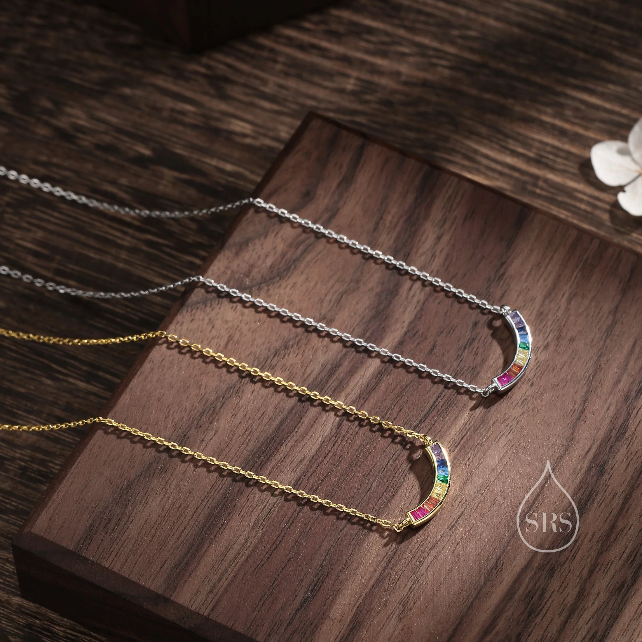 Rainbow CZ Pendant Necklace in Sterling Silver, Silver or Gold, Silver Rainbow CZ Curved Bar Necklace, Rainbow CZ Cluster Pendant - Image 2