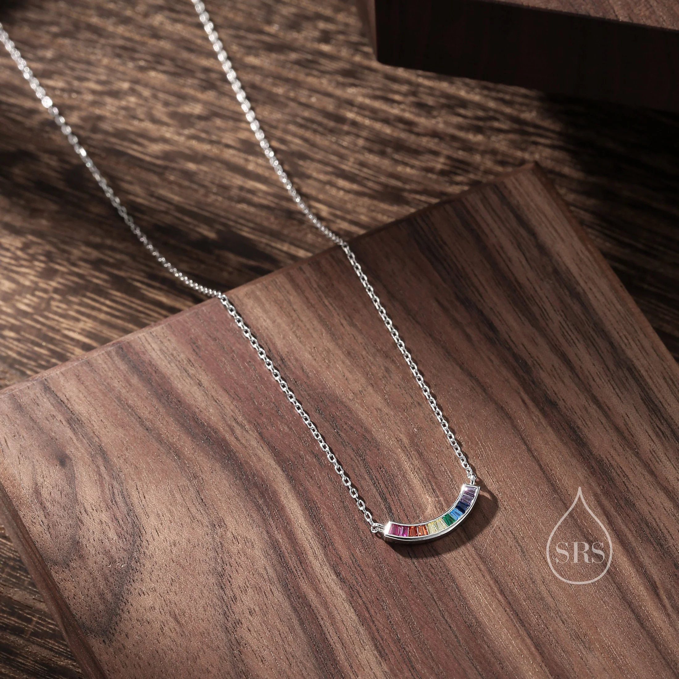 Rainbow CZ Pendant Necklace in Sterling Silver, Silver or Gold, Silver Rainbow CZ Curved Bar Necklace, Rainbow CZ Cluster Pendant - Image 5