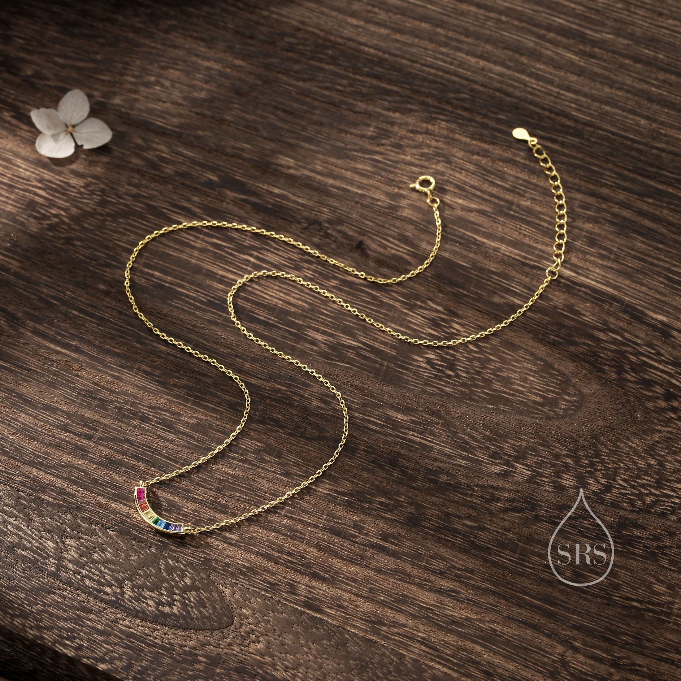 Rainbow CZ Pendant Necklace in Sterling Silver, Silver or Gold, Silver Rainbow CZ Curved Bar Necklace, Rainbow CZ Cluster Pendant - Image 6