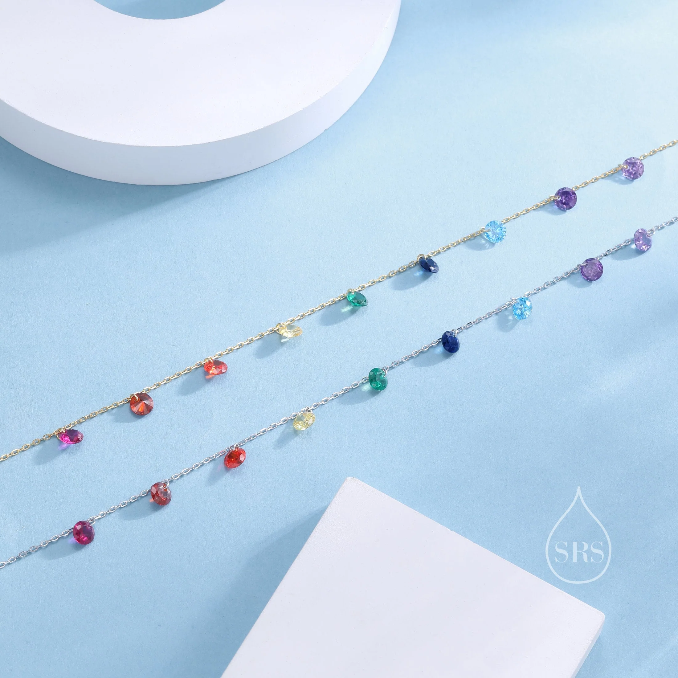 Rainbow Spectrum CZ Dangle Necklace in Sterling Silver, Silver or Gold, Satellite Crystal Necklace, Solid Silver Motif Necklace - Image 3