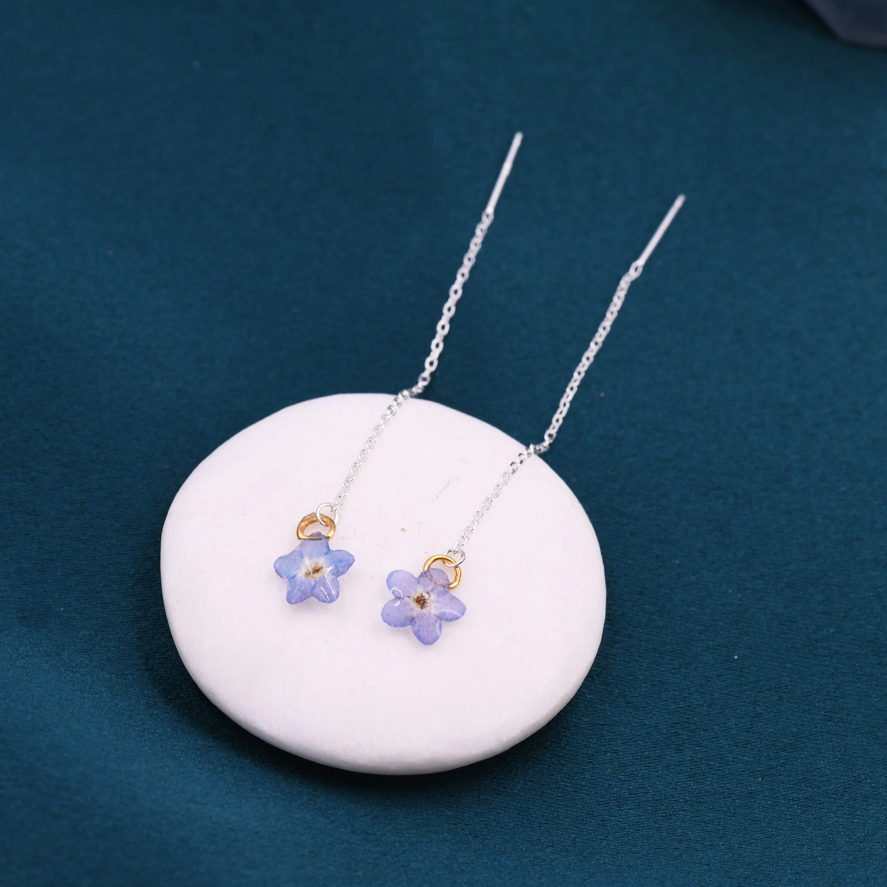 Real Forget-Me-Not Flower Tiny Ear Threaders in Sterling Silver, Real Flower Threader Earrings, Resin Flower Jewellery - Blue - Image 4