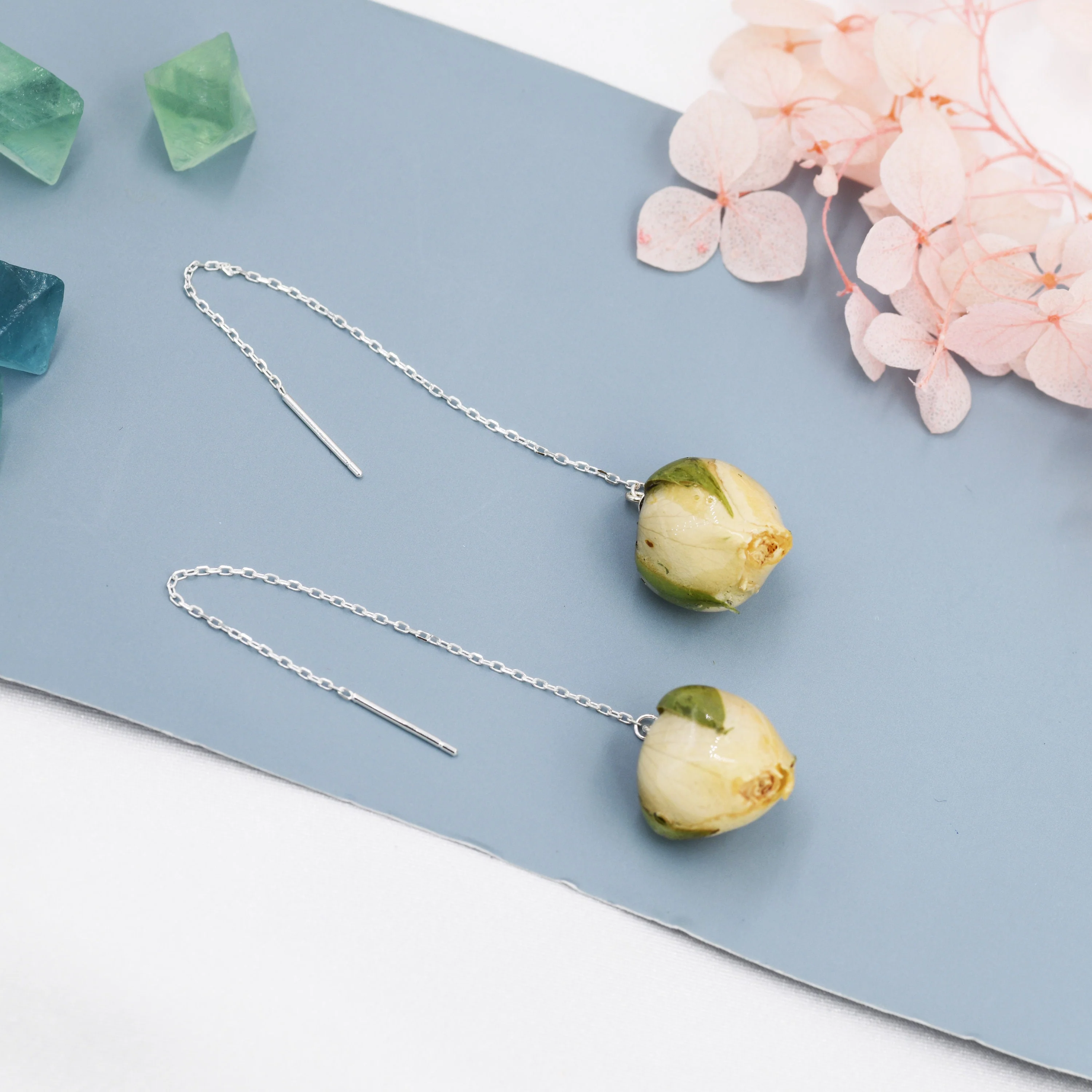 Real Rose Flower Threader Earrings in Sterling Silver, Real Flower Ear Threaders, Resin Flower Jewellery - White Rose - Image 2
