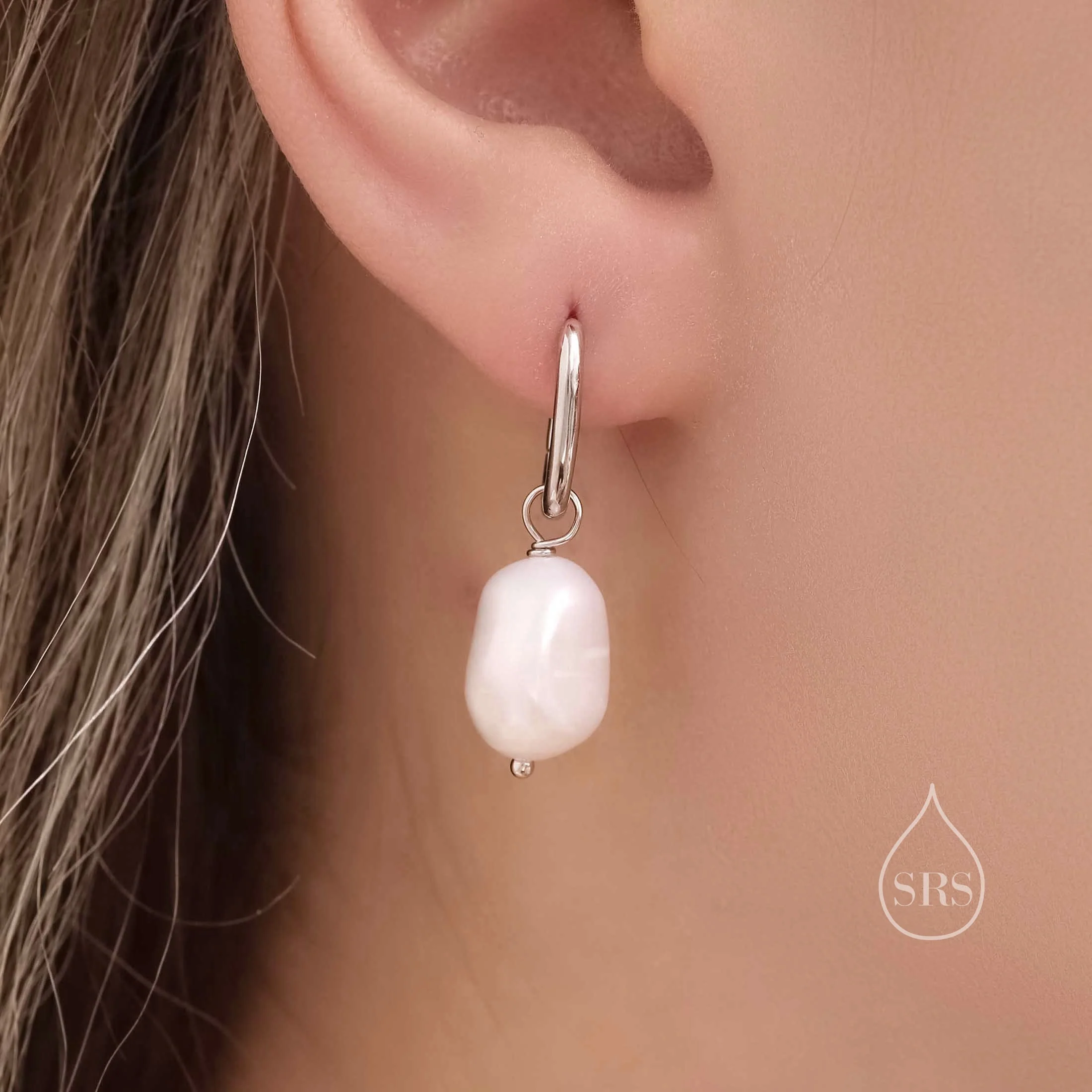 Rectangular Hoops with Dangling Baroque Pearl Drop Earrings in Sterling Silver, Silver or Gold, Keshi Pearl Earrings, Oval Hoops with Pearls - Image 3