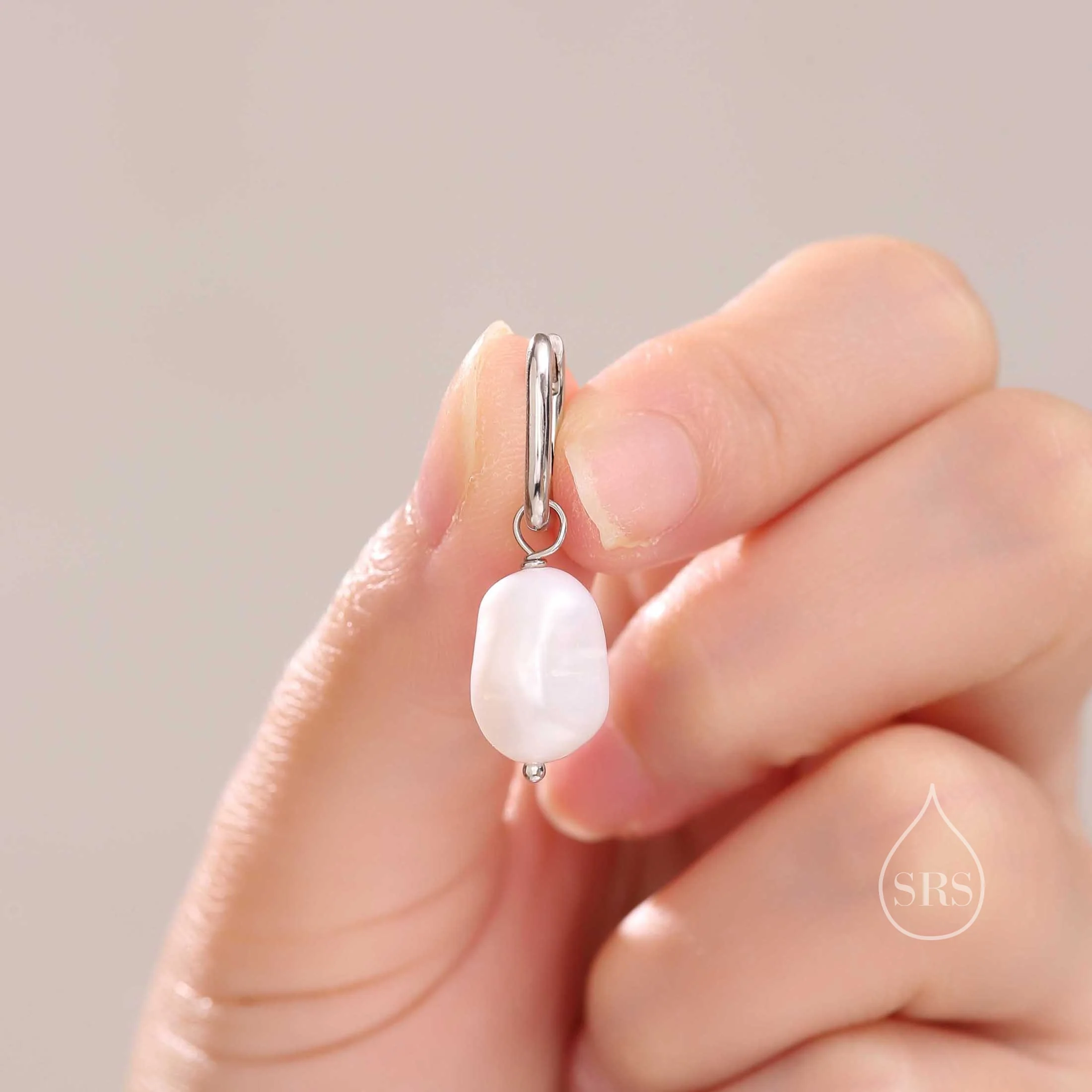 Rectangular Hoops with Dangling Baroque Pearl Drop Earrings in Sterling Silver, Silver or Gold, Keshi Pearl Earrings, Oval Hoops with Pearls - Image 4
