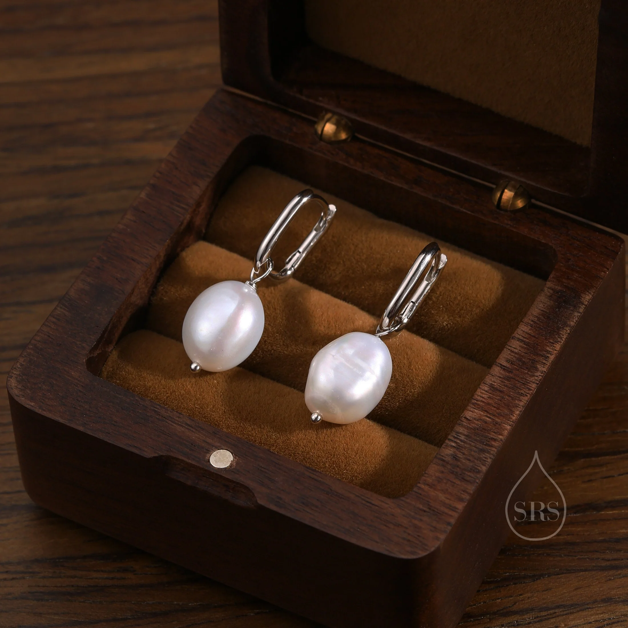 Rectangular Hoops with Dangling Baroque Pearl Drop Earrings in Sterling Silver, Silver or Gold, Keshi Pearl Earrings, Oval Hoops with Pearls - Image 5