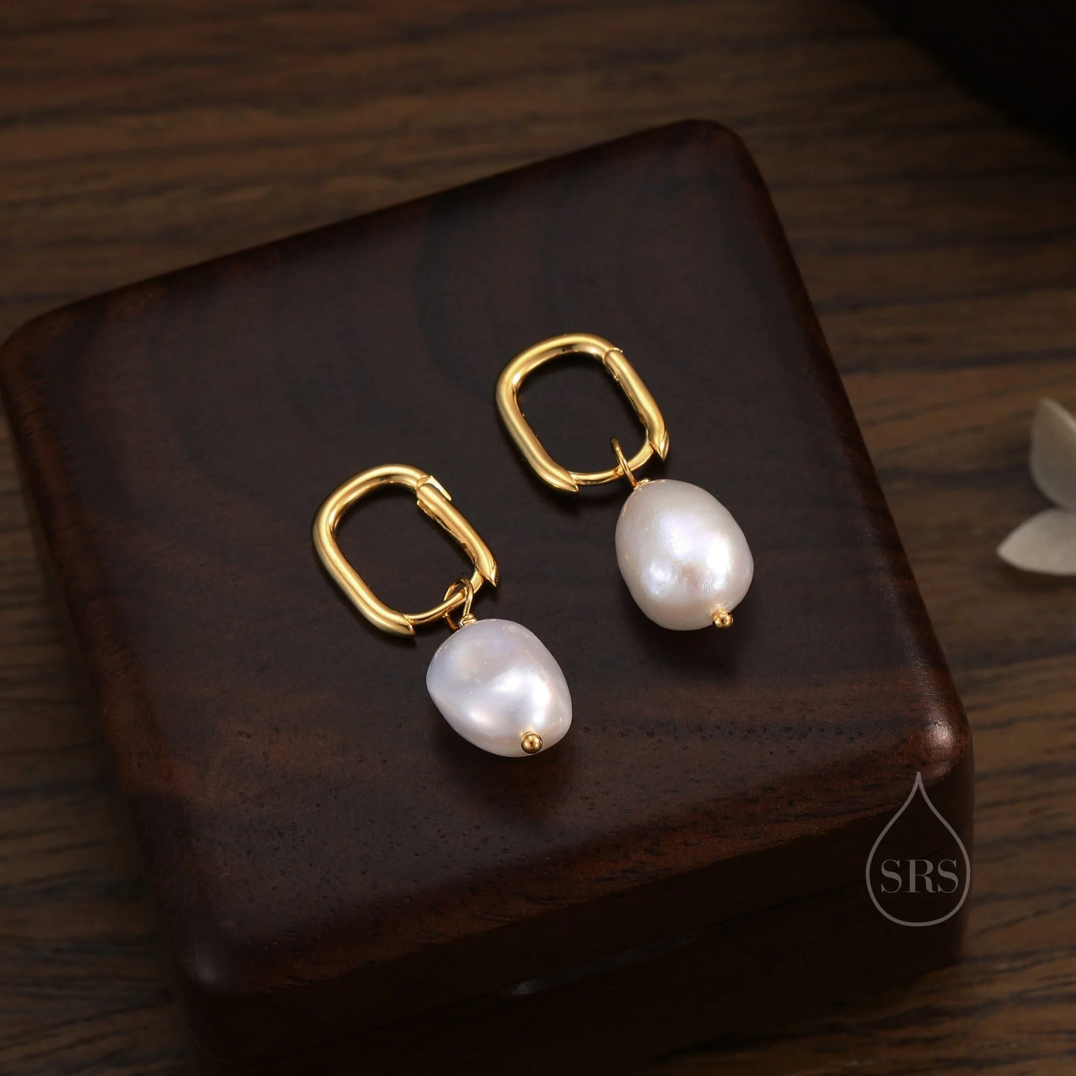 Rectangular Hoops with Dangling Baroque Pearl Drop Earrings in Sterling Silver, Silver or Gold, Keshi Pearl Earrings, Oval Hoops with Pearls - Image 6