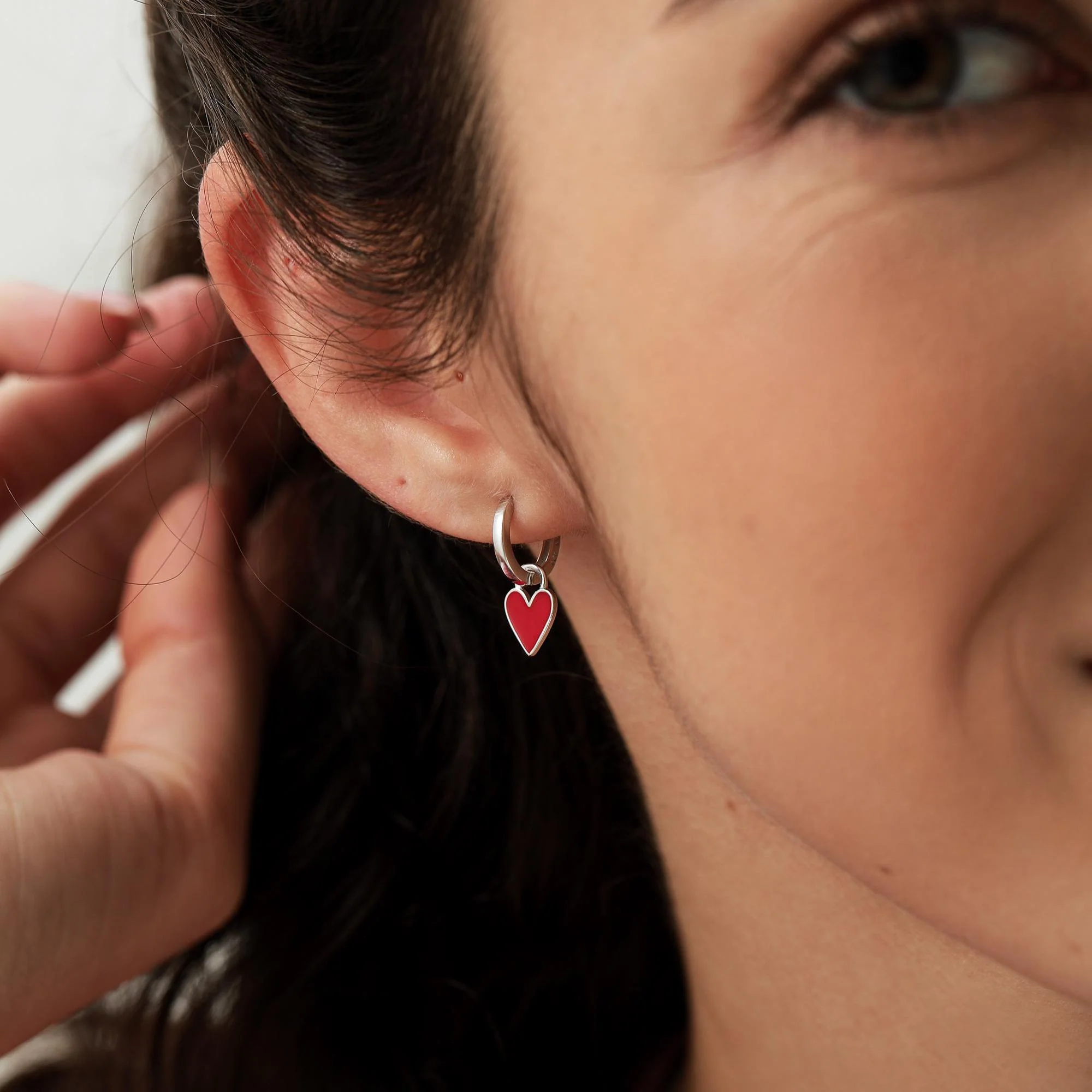 Red Enamel Heart Earrings in Sterling Silver, Detachable Heart Charm Dangle Hoop Earrings, Interchangeable - Image 5