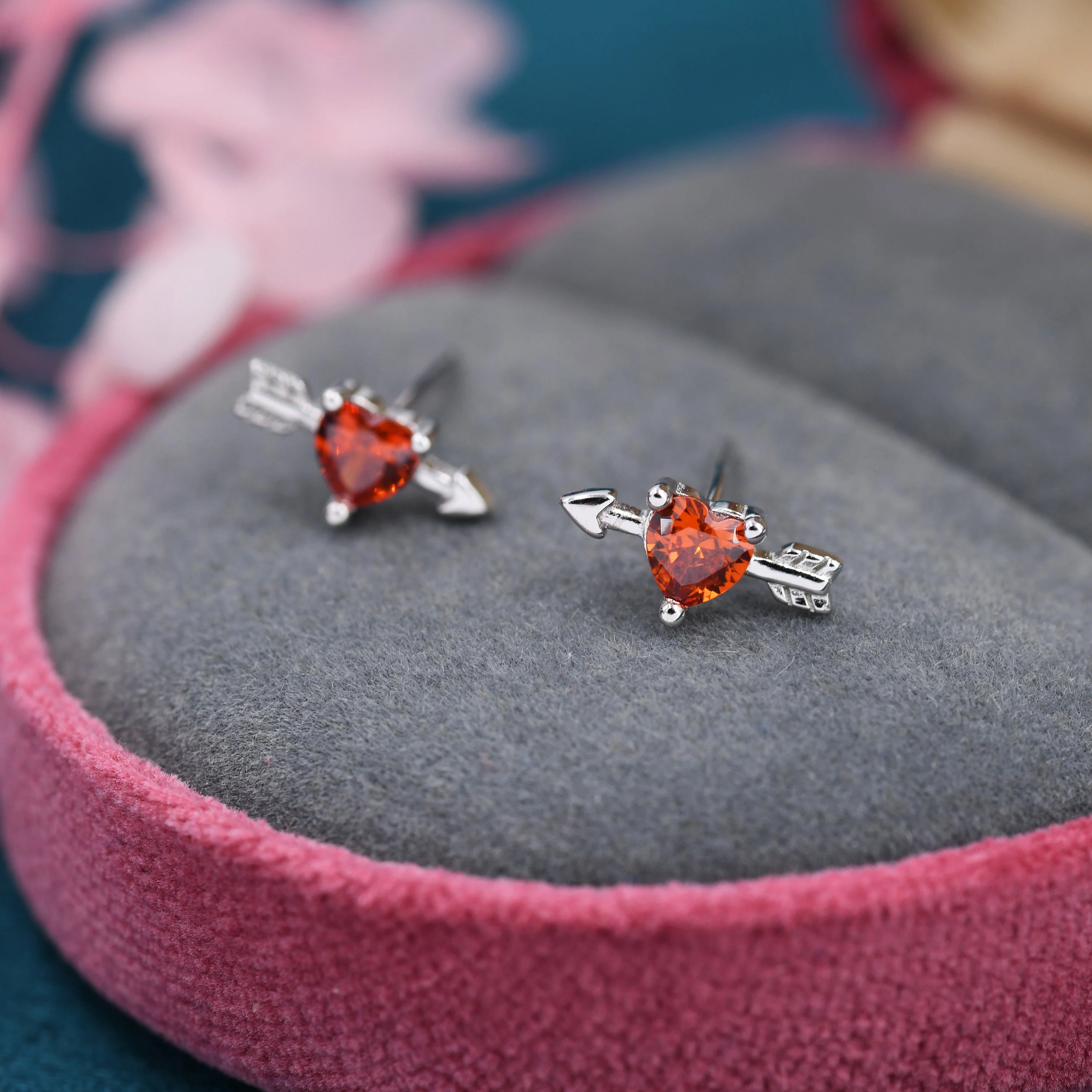 Red Heart Arrow Stud Earrings in Sterling Silver, Silver or Gold, Red CZ Crystal Struck Heart Earrings, Arrow Earrings - Image 4