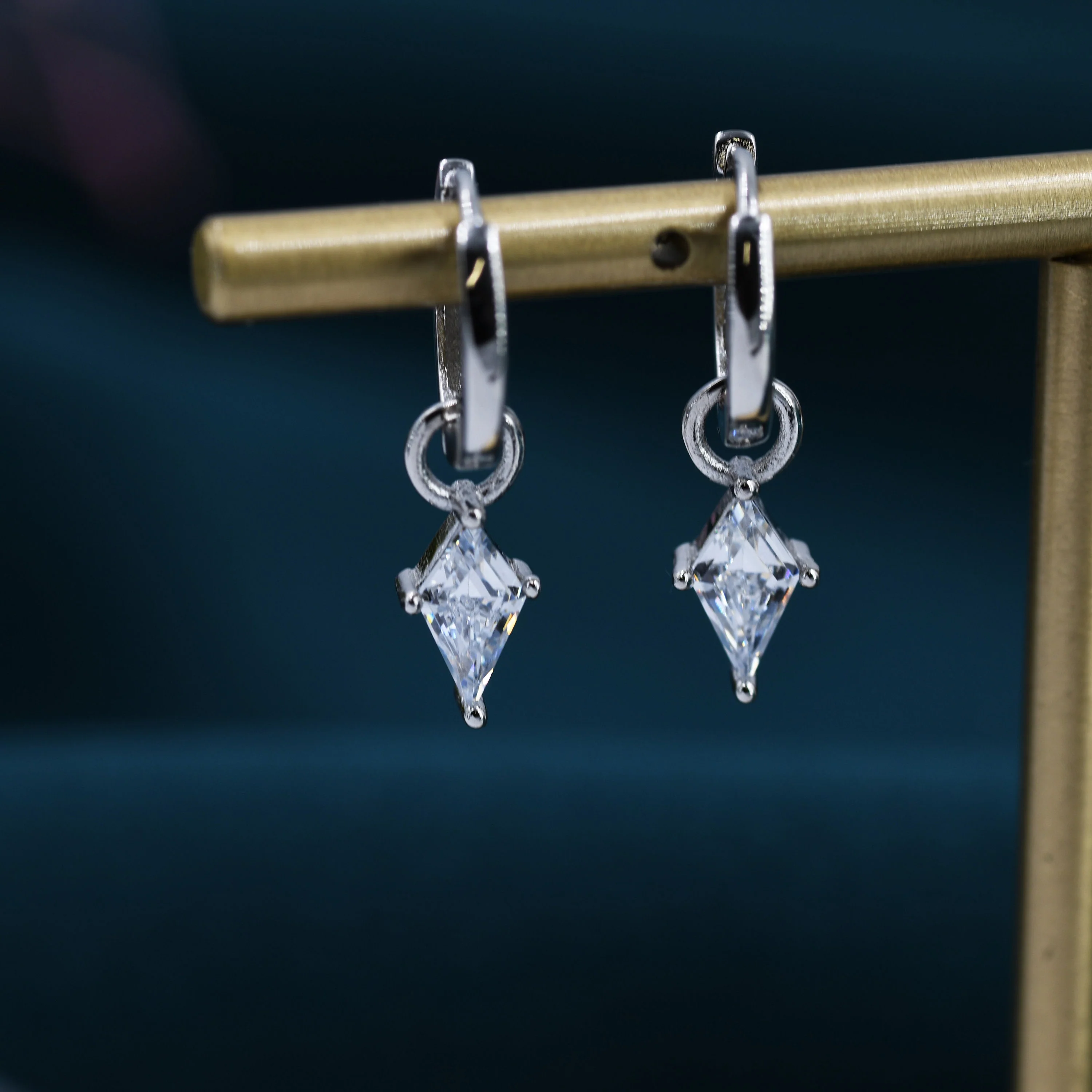Rhombus CZ Huggie Hoop Earrings in Sterling Silver, Silver or Gold, Kite Shape Crystal Earrings,  Interchangeable and detachable - Image 2