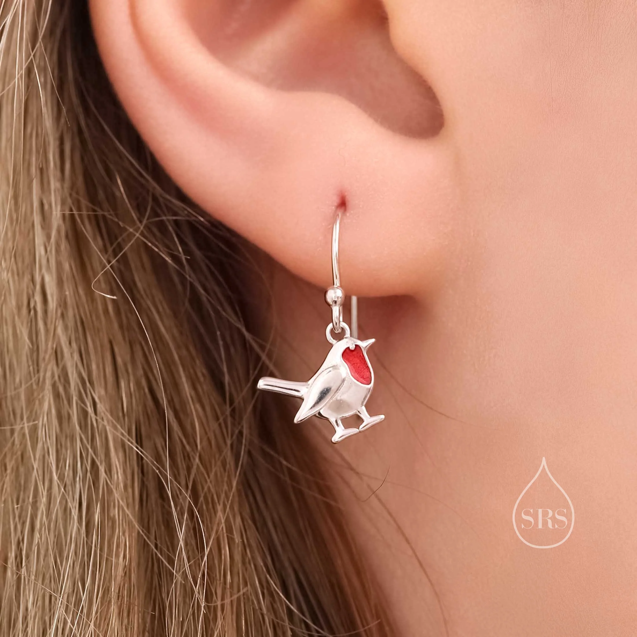 Robin Bird Drop Hook Earrings in Sterling Silver with Enamel Coating, Sterling Silver Robin Earrings, Nature Inspired - Image 2