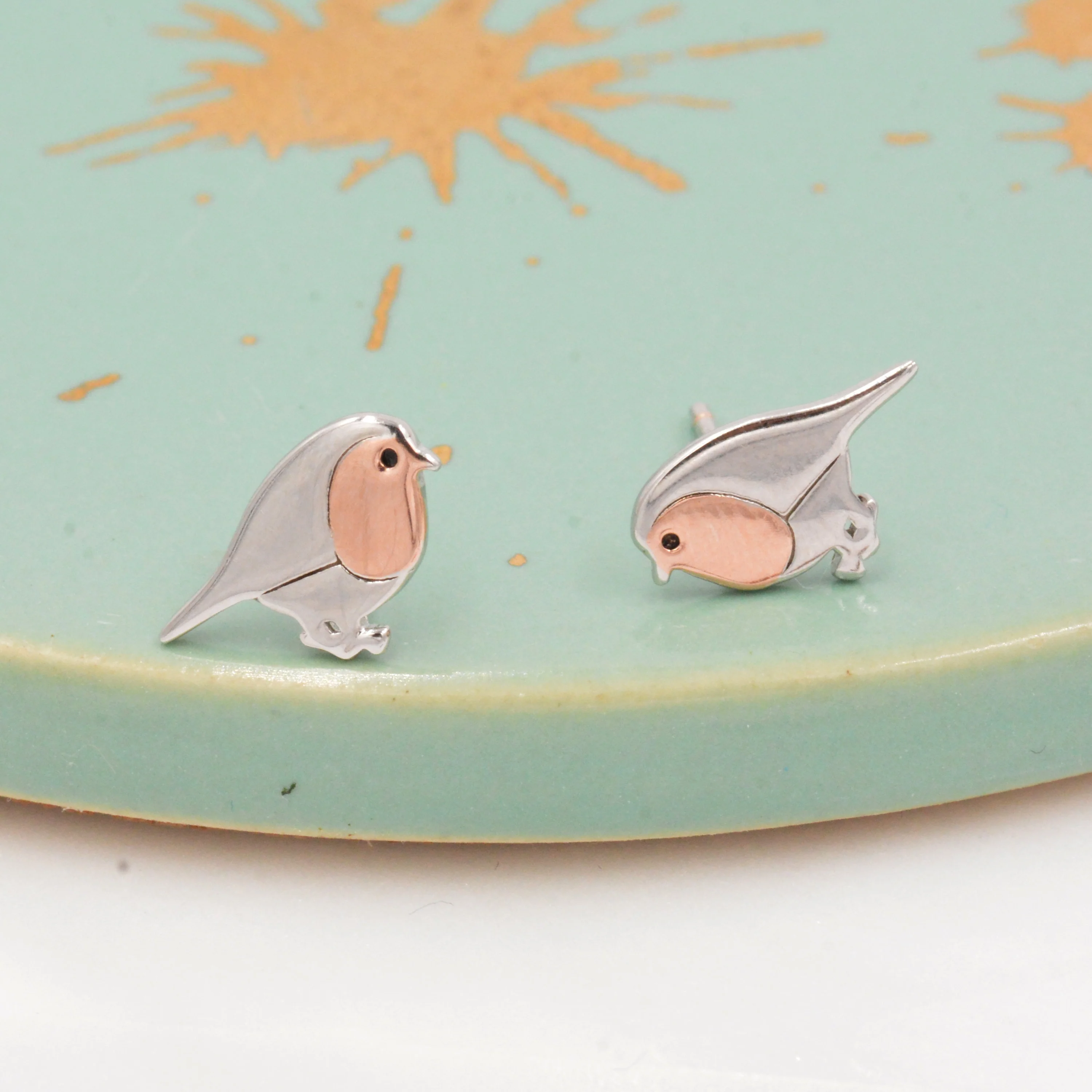 Robin Stud Earrings in Sterling Silver, Silver Bird Earrings, Silver and Rose Gold, Nature Inspired - Image 5