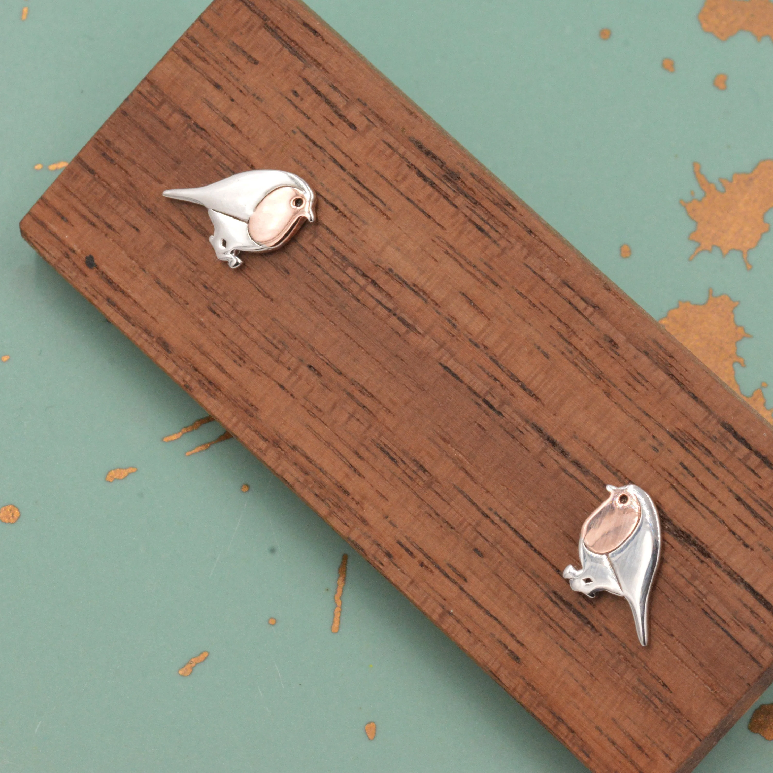 Robin Stud Earrings in Sterling Silver, Silver Bird Earrings, Silver and Rose Gold, Nature Inspired - Image 7