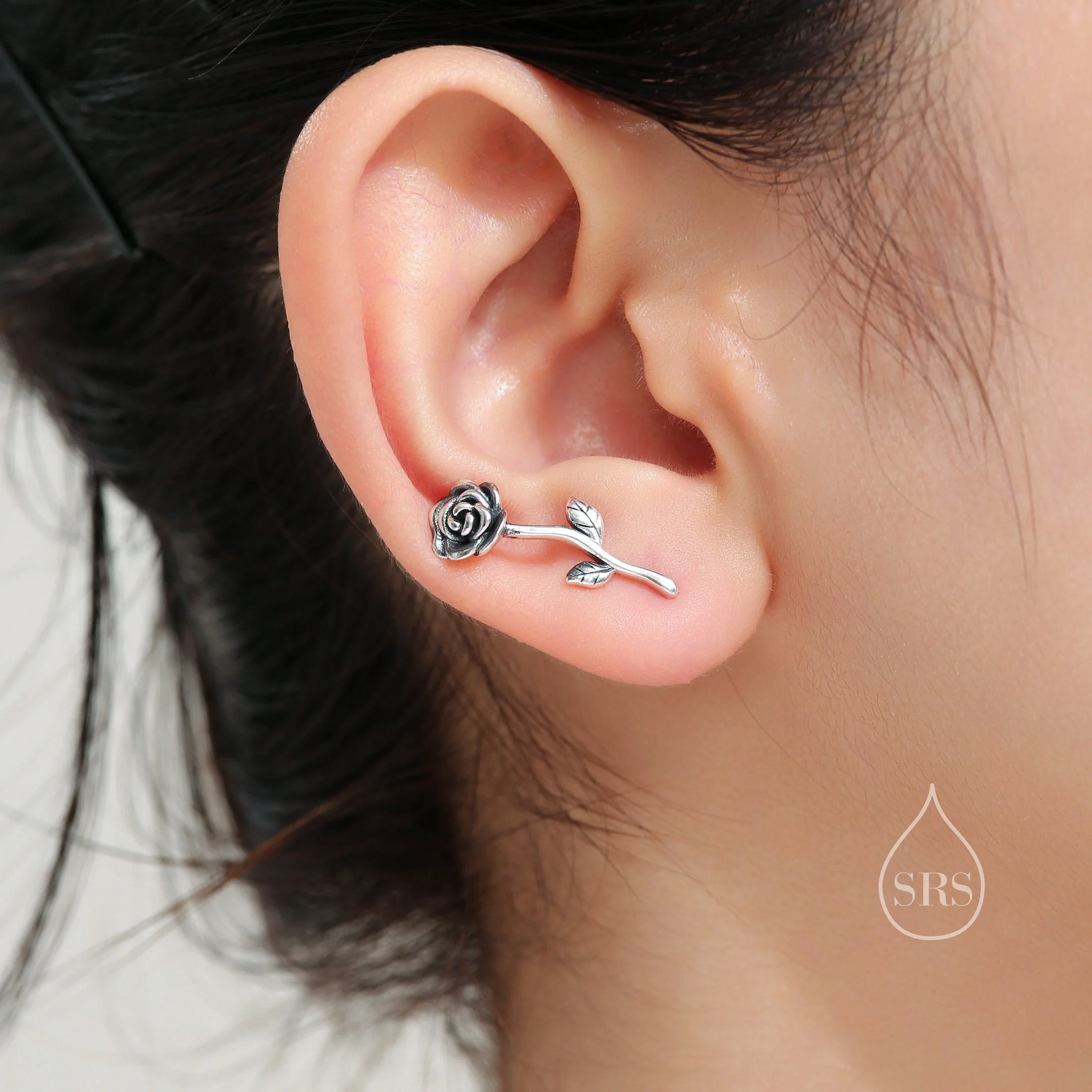 Rose Flower Crawler Earrings in Sterling Silver, Oxidised Silver or Two Tone, Nature Inspired Ear Climbers, Rose Earrings - Image 2